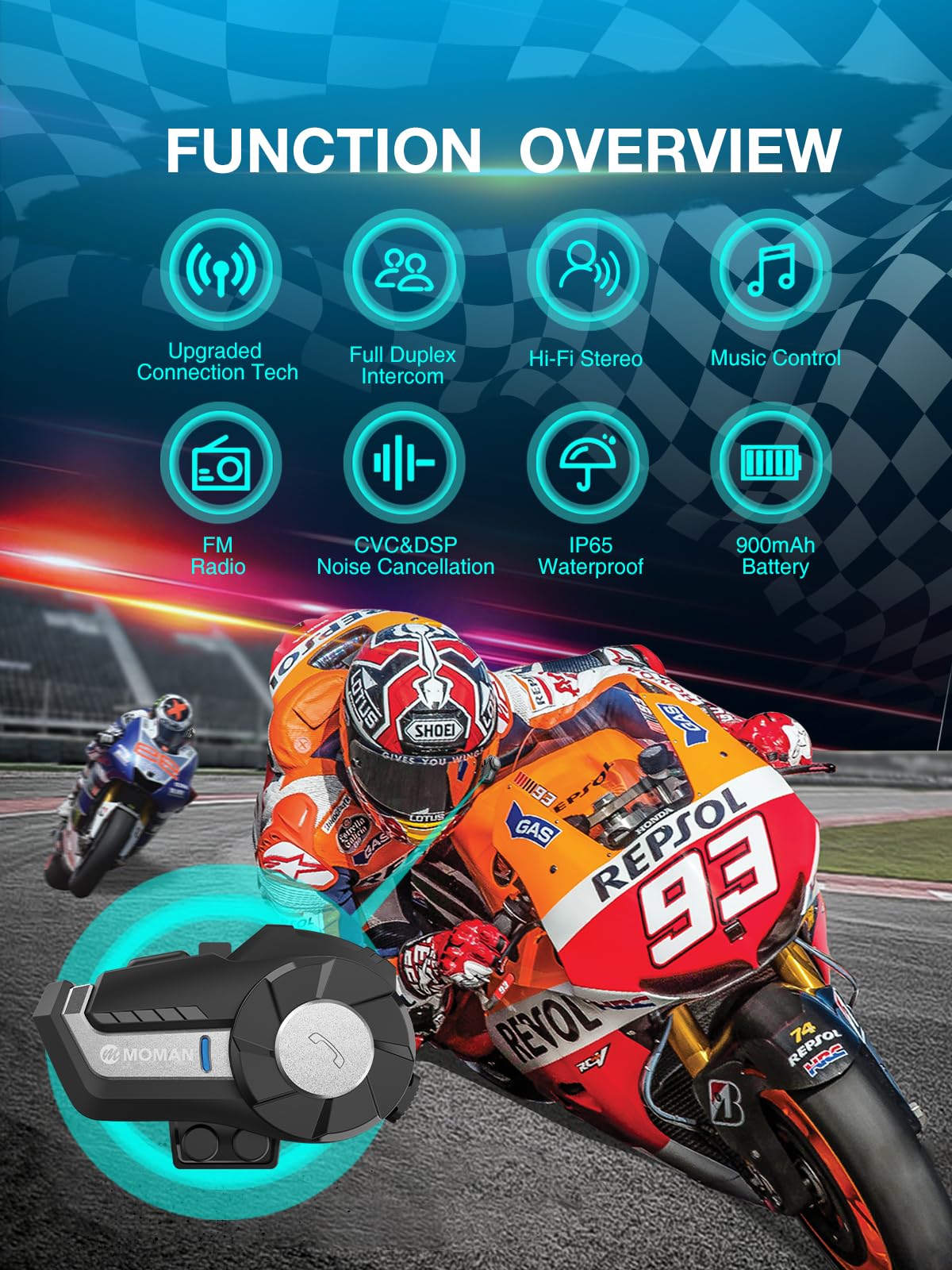 **Moman H2 Wireless Motorcycle Helmet Headset [2 Pack, Silver] – 1000M Range, IP65 Waterproof, DSP & CVC Noise Cancellation, FM Radio – Dirt Bike Helmet Communication System for Group Riding & Adventure**    **Usage Scenarios:** Perfect for group motorcycle rides, off-road adventures, touring, and daily commuting with crystal-clear communication.