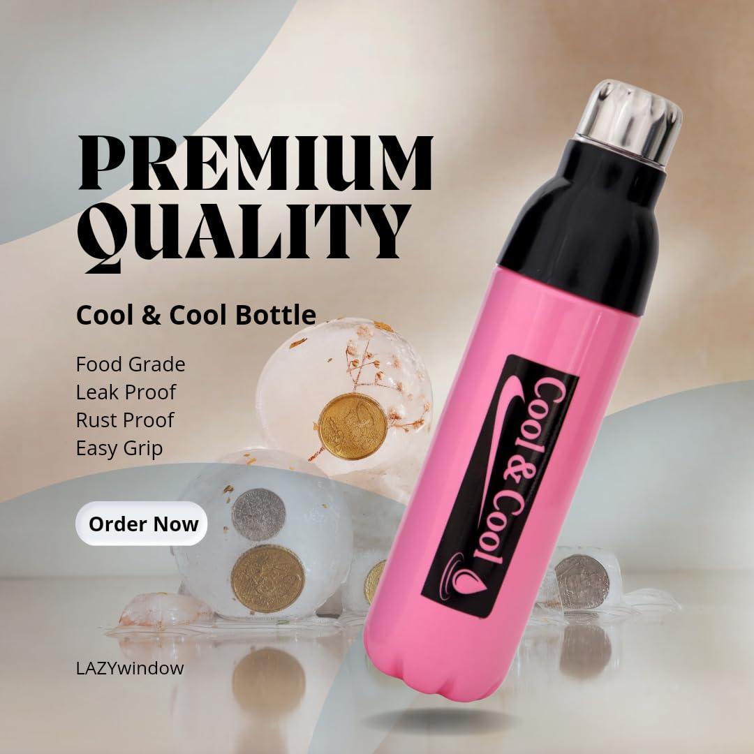 LAZYwindow 1000ml Pink Insulated Plastic Water Bottle - Keeps Drinks Cold for 24 Hours, BPA Free, Leak Proof - Perfect for Gym, Hiking, School & Office Use