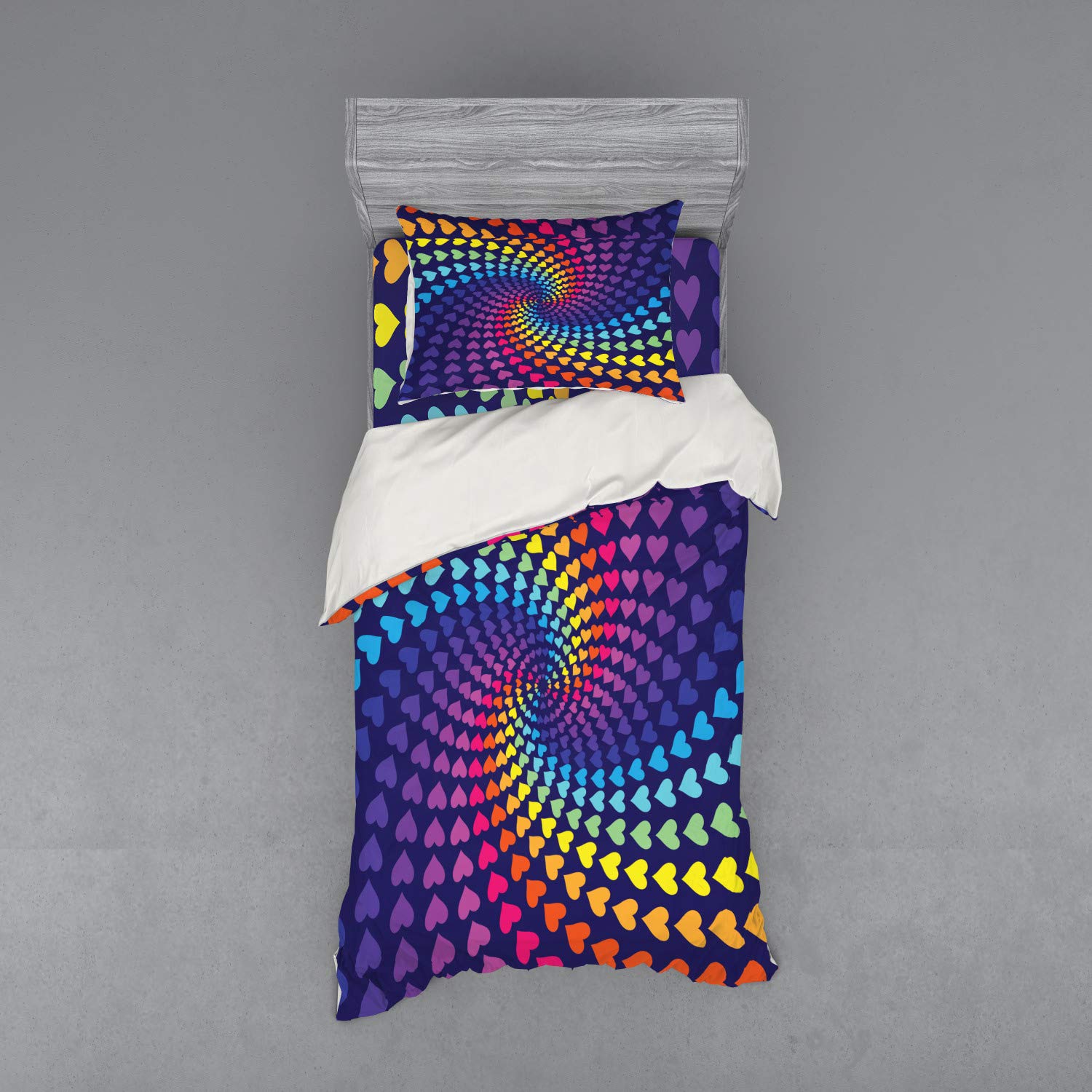 Ambesonne Rainbow Hearts Duvet Cover Set - 3 Piece Twin Size Bedding with Sham & Fitted Sheet, Retro Psychedelic Design for Romantic Bedroom Decor | Perfect for Teens, Guest Rooms & Bohemian Style Homes