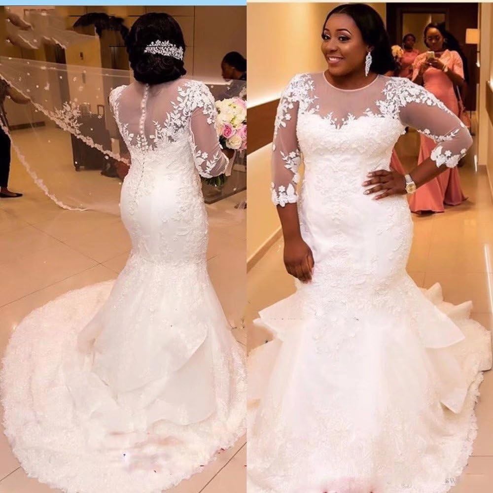 Elegant Mermaid Wedding Dresses with 3/4 Sleeves & Lace Appliques - Romantic Bridal Gowns for Women - Perfect for Beach Weddings, Vow Renewals & Formal Ceremonies
