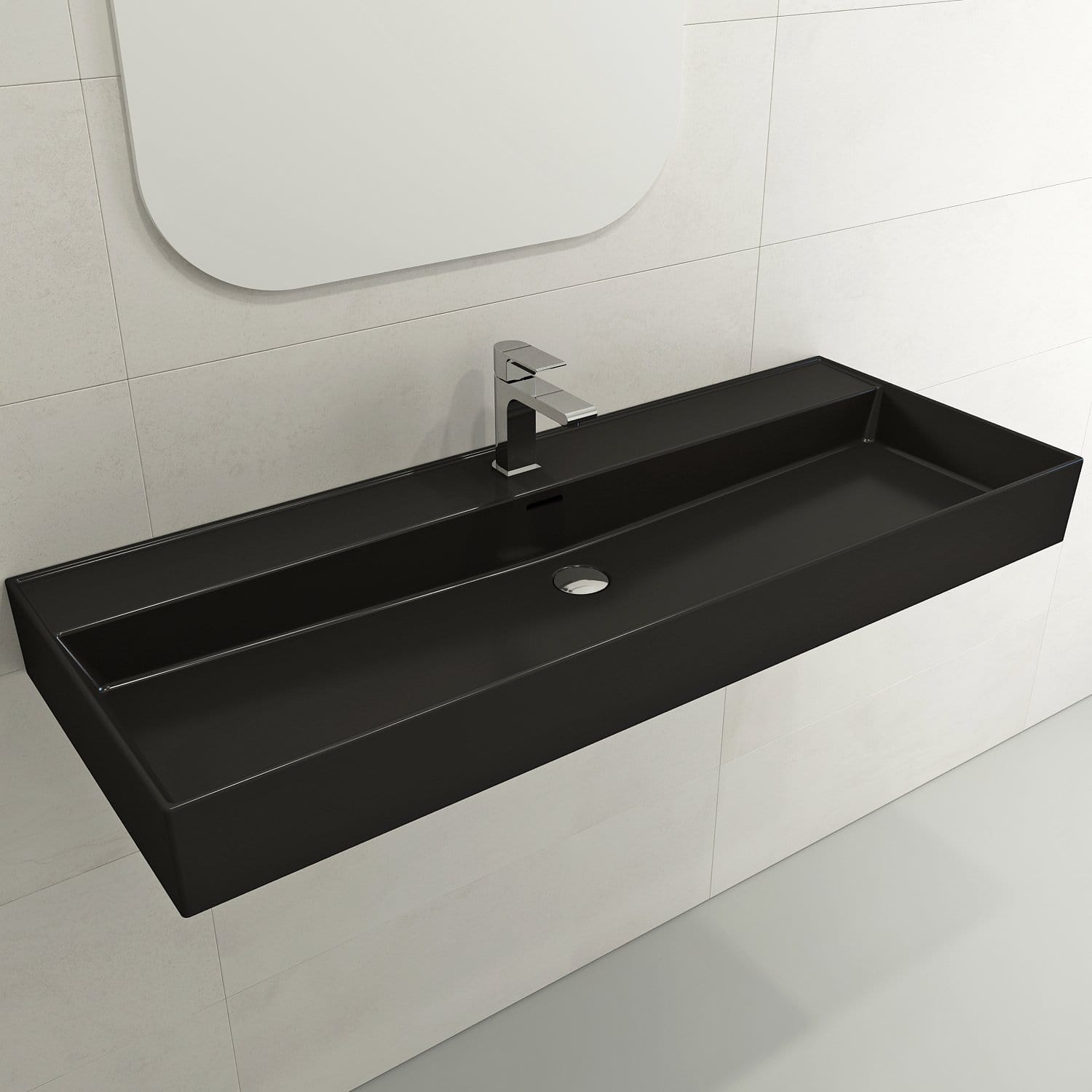 BOCCHI MILANO 47.75 Inch Wall Mounted Ceramic Fireclay Bathroom Sink with Overflow - Single Hole Faucet - Perfect for Small Bathrooms, Powder Rooms & Modern Home Decor