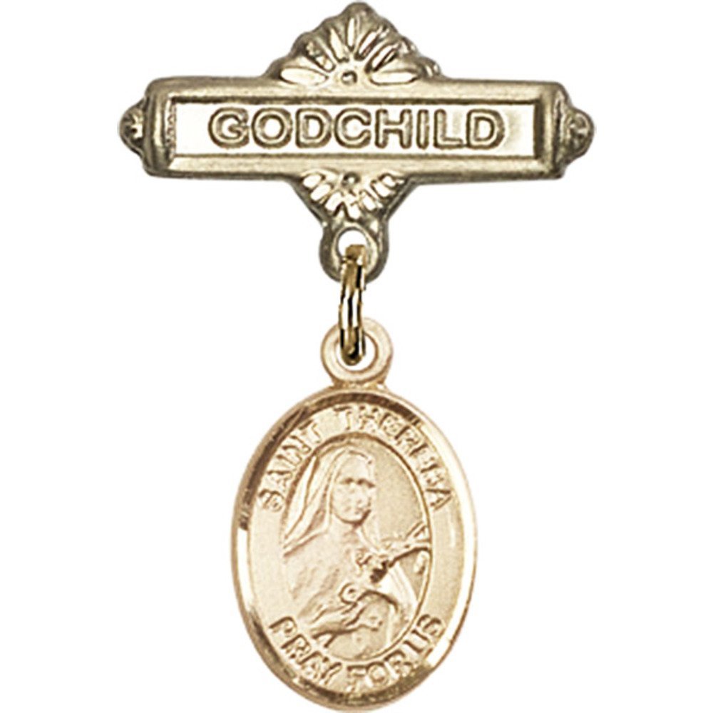 St. Theresa Gold Filled Baby Badge Pin - 1 X 5/8 Inch Godchild Charm - Perfect for Baptism, Christening & First Communion Gifts