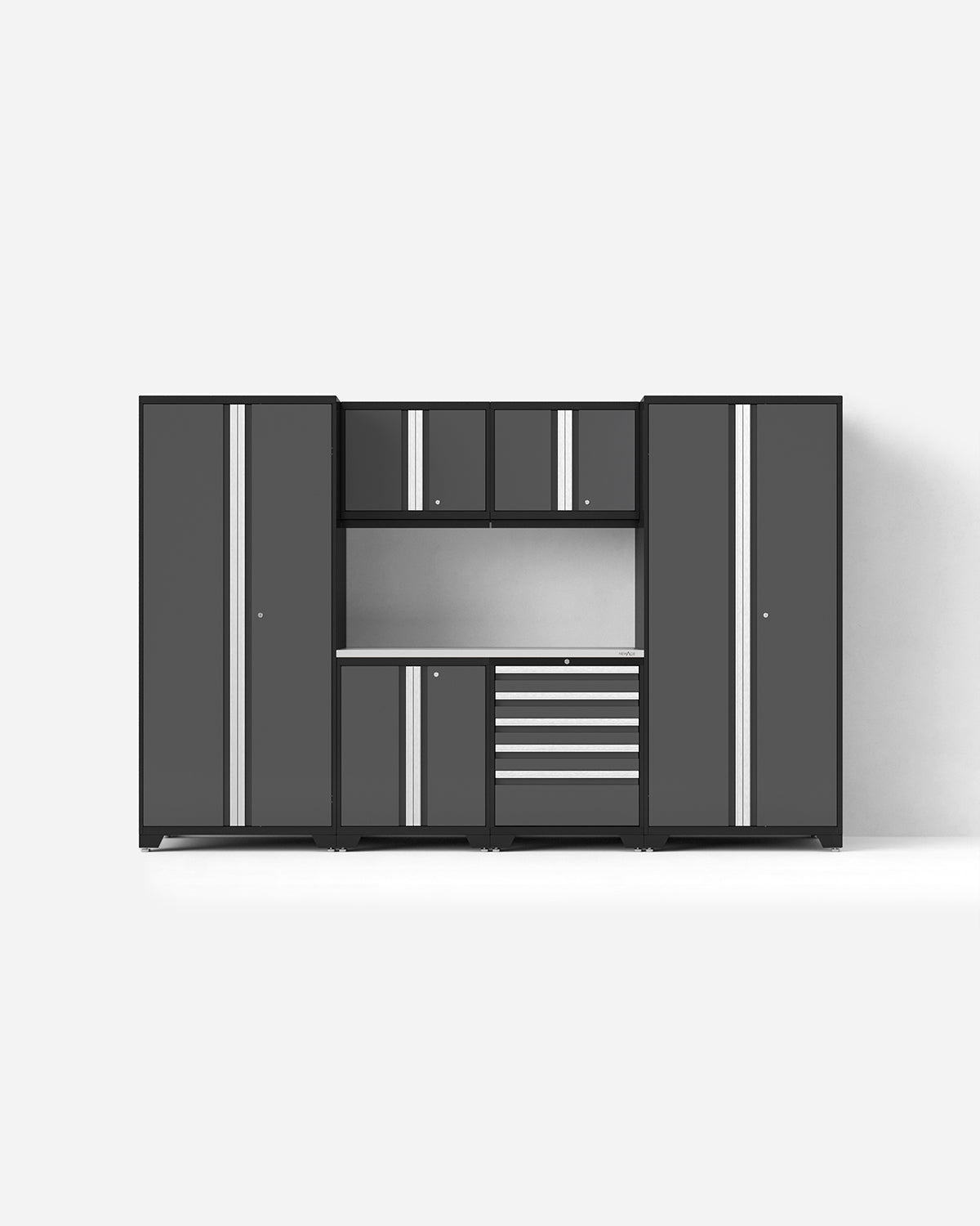 Adam's x NewAge Pro Series 7-Piece Cabinet Set - Heavy Duty Metal Storage for Garage, Workshop & Home Organization (Black) - Perfect for Tools, Sports Equipment & DIY Supplies Storage