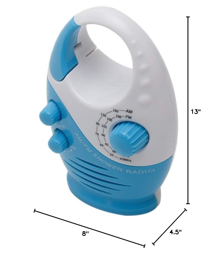 Waterproof Shower Radio with Built-in Speaker - Splash Proof AM/FM Bathroom Radio with Adjustable Volume & Top Handle for Shower, Pool, Beach & Outdoor Use (Blue and White)