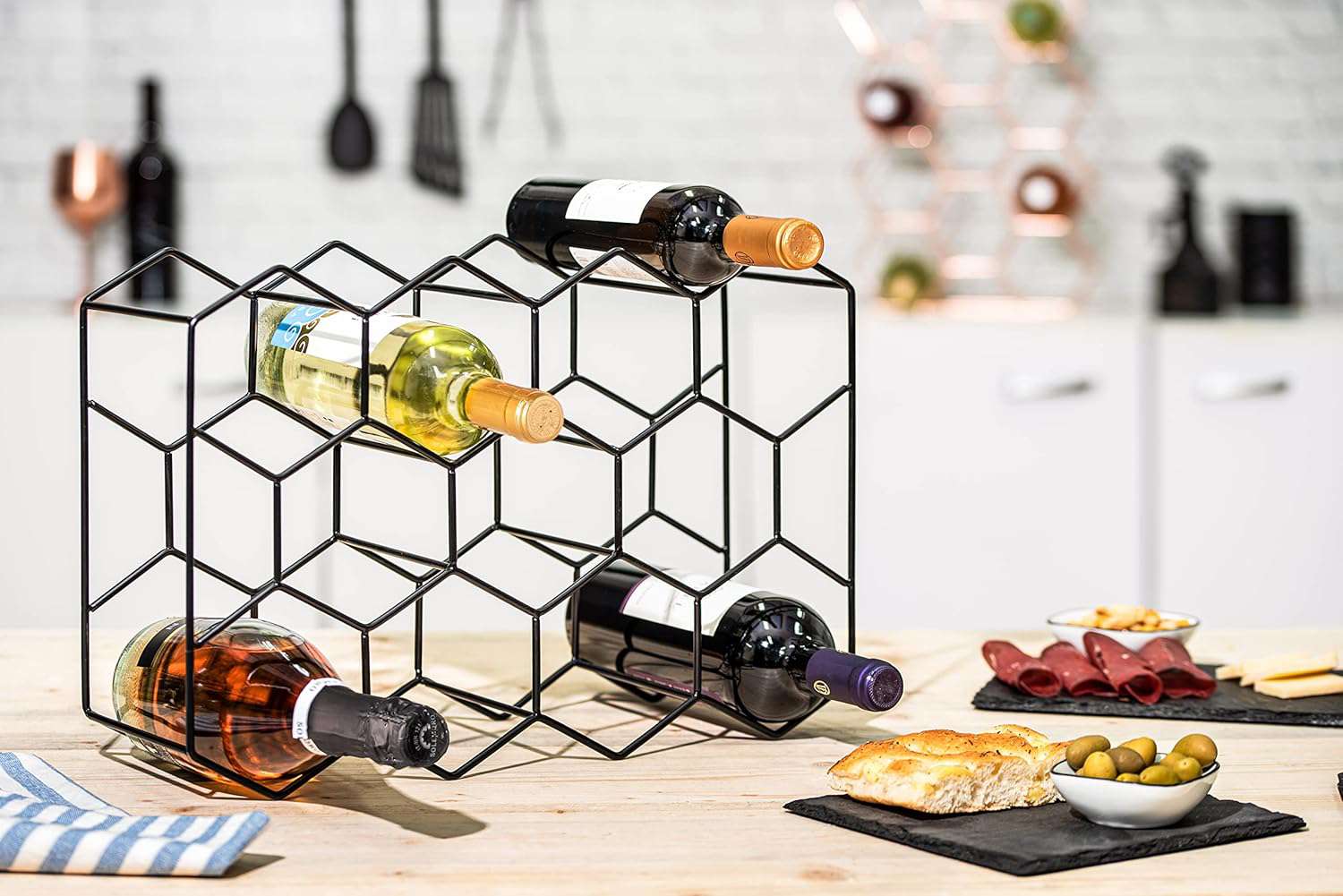 14-Bottle Freestanding Modern Metal Countertop Wine Rack - Space-Saving Storage for Kitchen, Bar, Dining Room & Office Decor