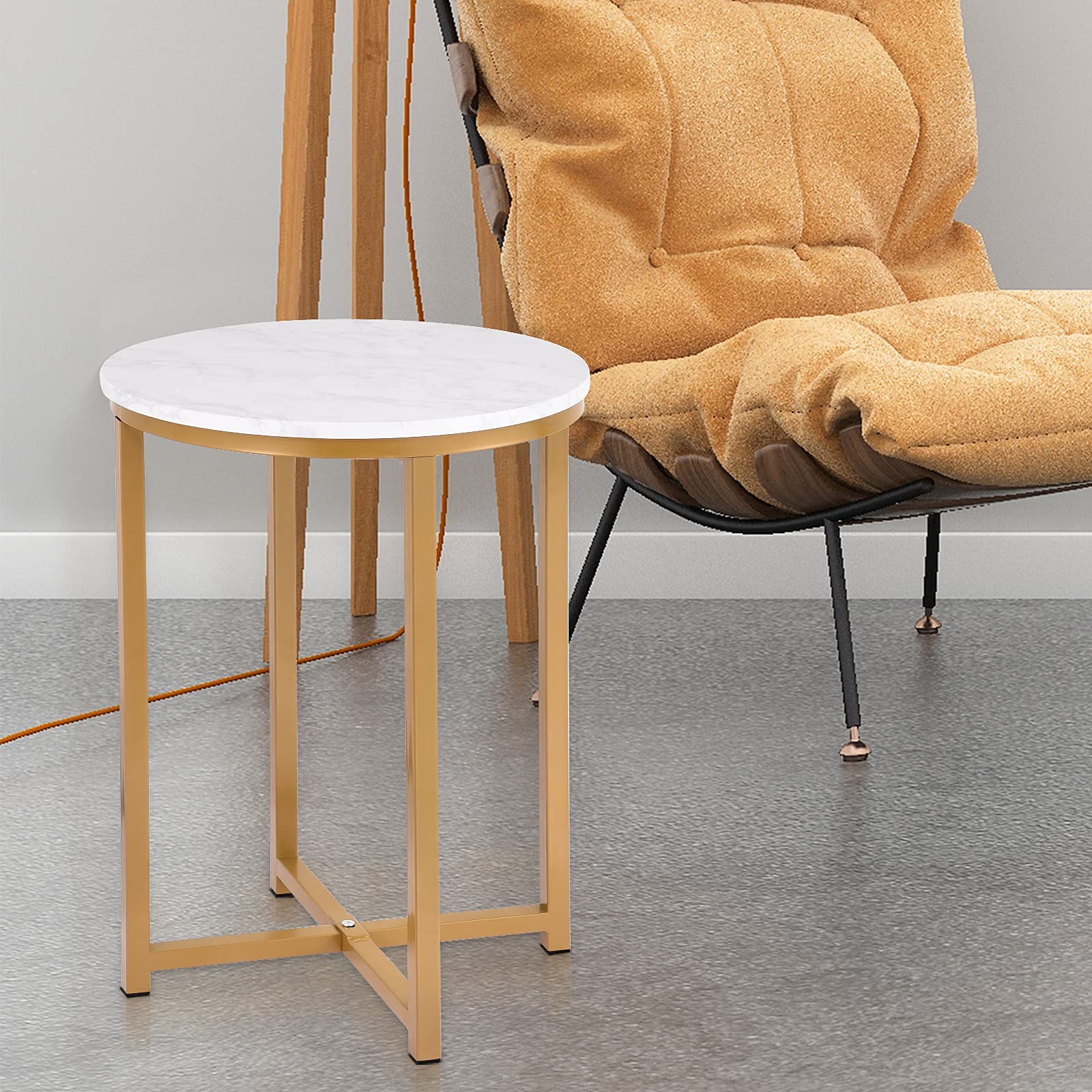 Stylish Round Side Table with Marble Top & Gold Metal Base - Modern End Table, Nightstand or Coffee Table for Bedroom, Living Room, Office - 16