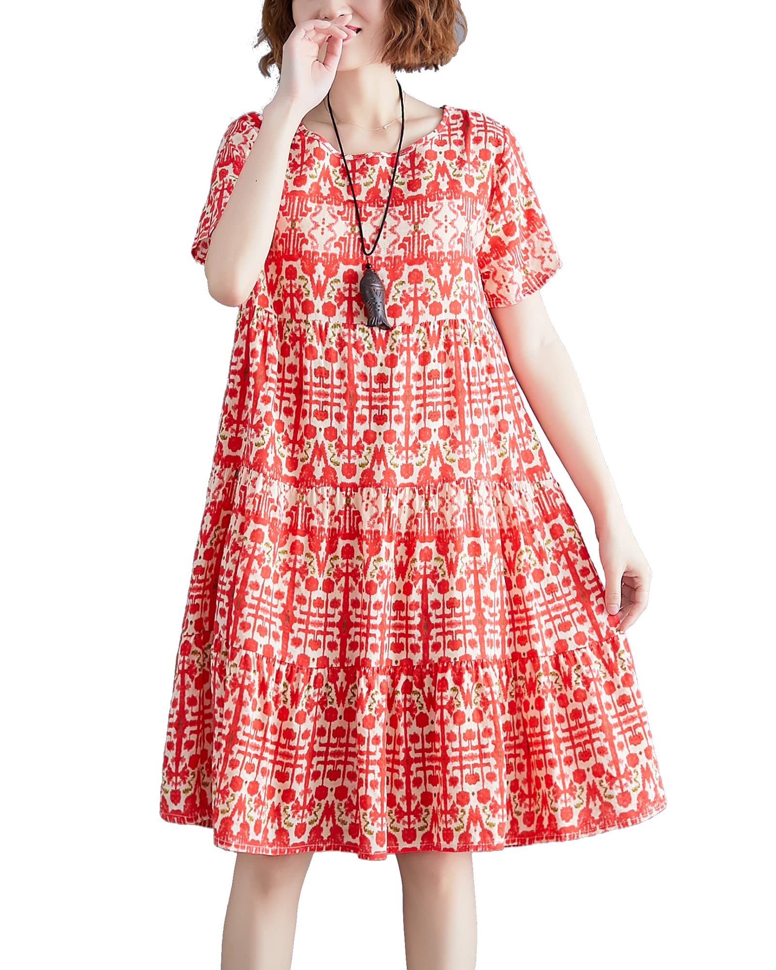 DAIENKOU Women's Boho Floral Print Summer Dress - Loose Fit Casual Short Sleeve Tiered Patchwork Maxi Dress for Beach, Vacation & Outdoor Parties