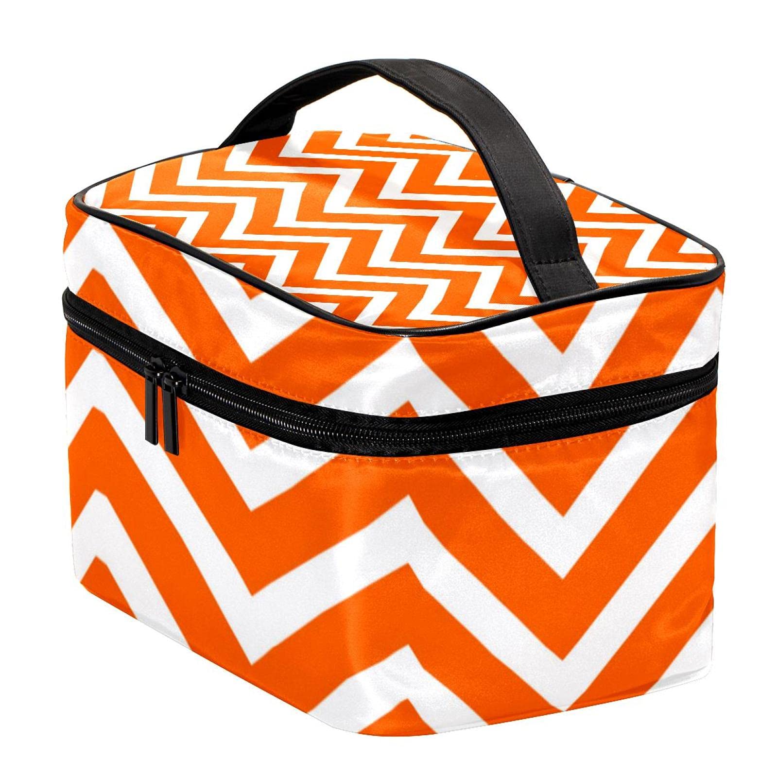 Orange Chevron Striped Large Travel Makeup Bag - Waterproof Cosmetic Organizer with Zipper for Women & Girls | Perfect for Vacation, Gym, Beach Trips & Daily Use