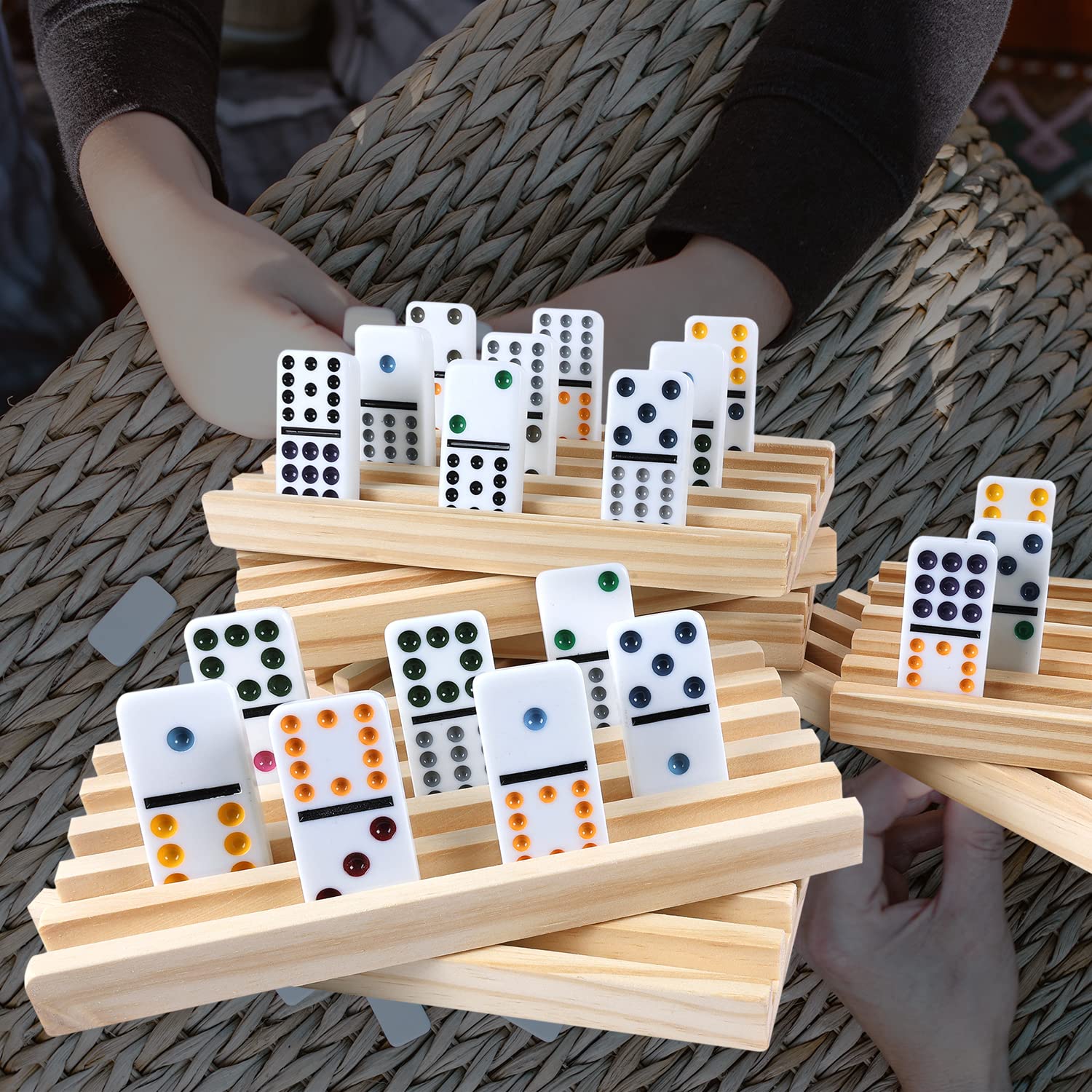GOTHINK 8-Piece Wooden Domino Rack Set - Mexican Train Dominoes Game Trays & Tile Holders for Adults & Kids (Dominoes Not Included) - Perfect for Family Game Nights & Party Entertainment