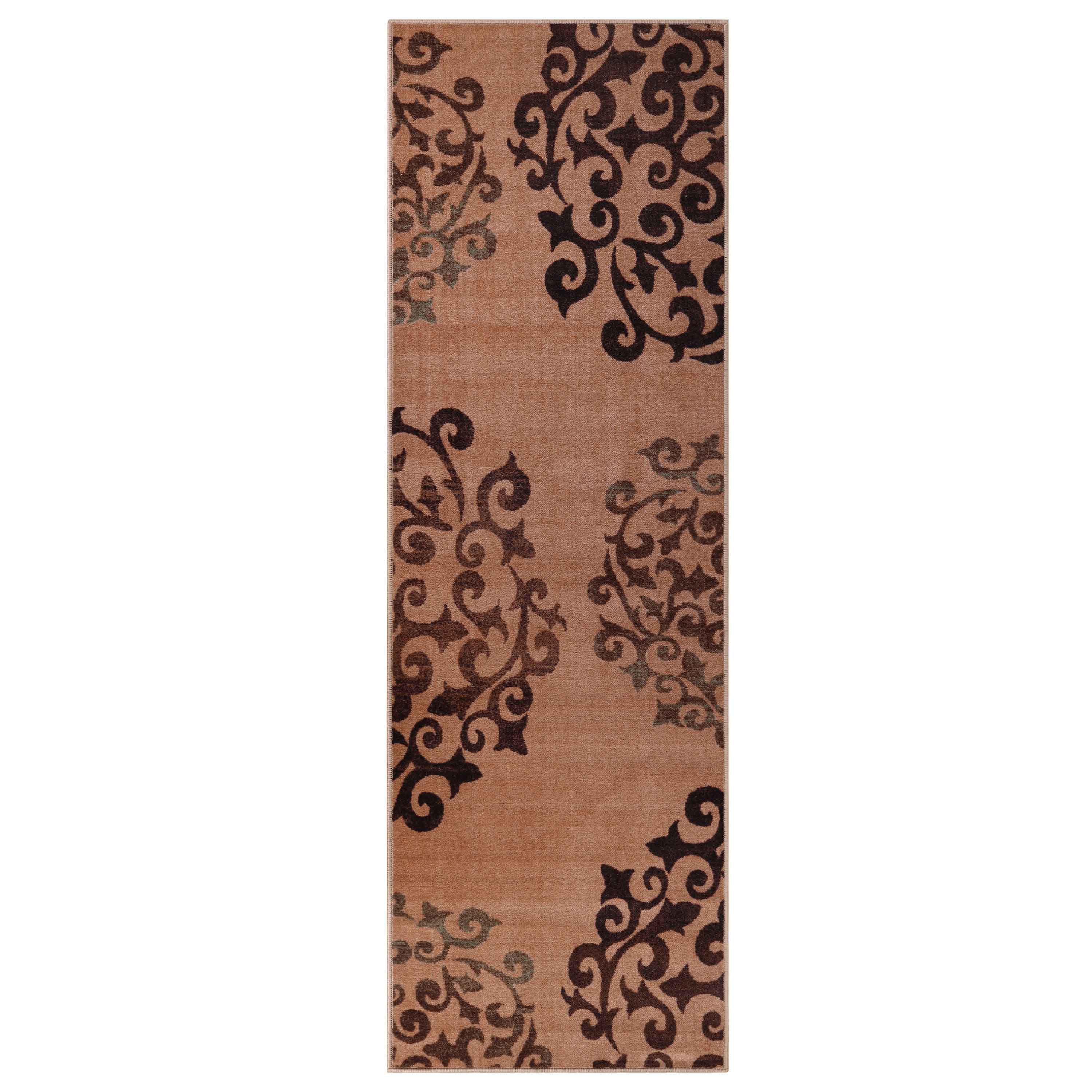 Non-Slip Washable Amber Floral Scroll Indoor Area Rug or Runner - Perfect for Living Room, Bedroom, and Hallway Decor