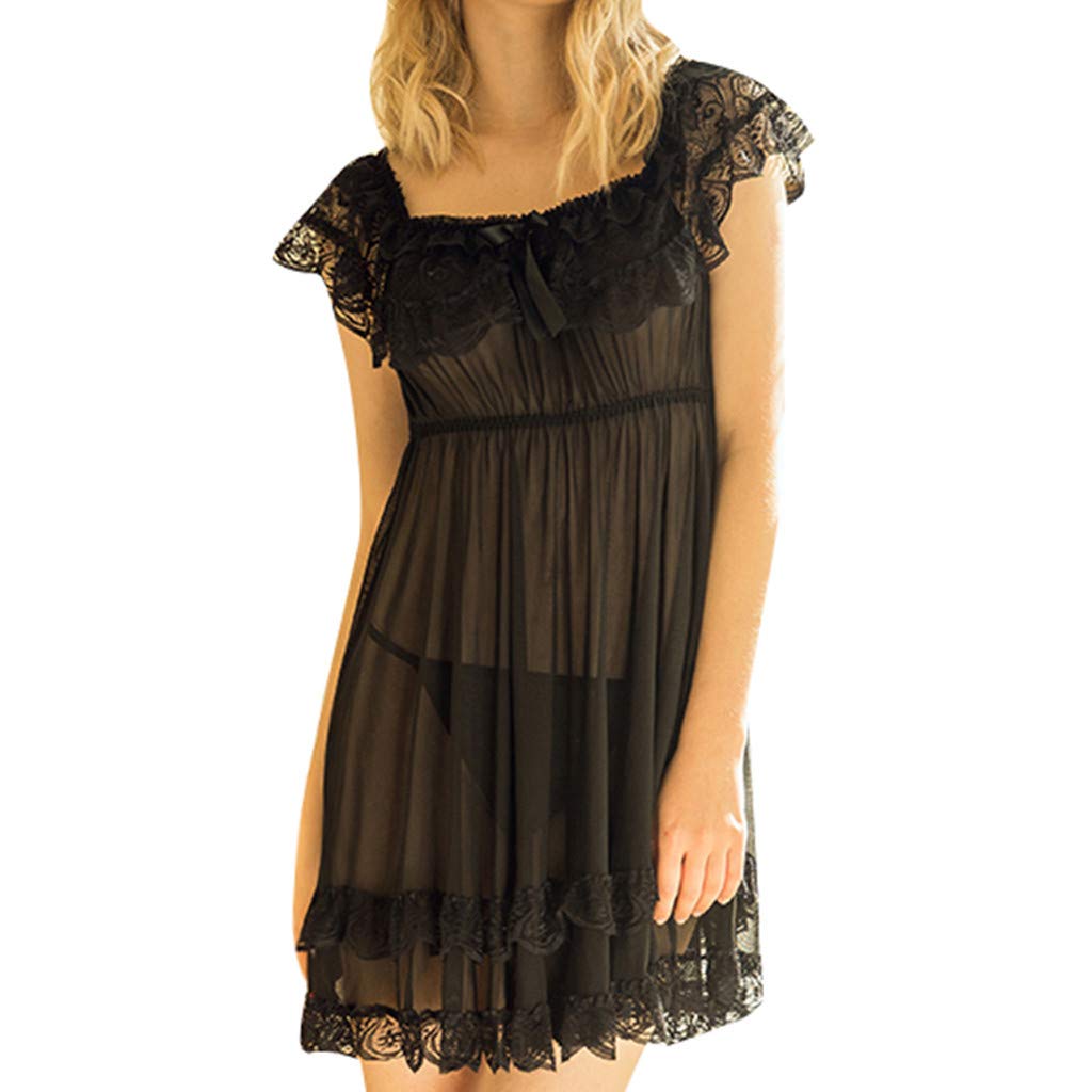 Trilanme Women's Vintage Lace Satin Nightgown - Short Sleeve Sleepwear Pajama Dress - Silk Slip Nightdress for Comfortable Sleep & Lounge (Black, Size M) - Perfect for Bedtime, Bridal Shower & Romantic Occasions