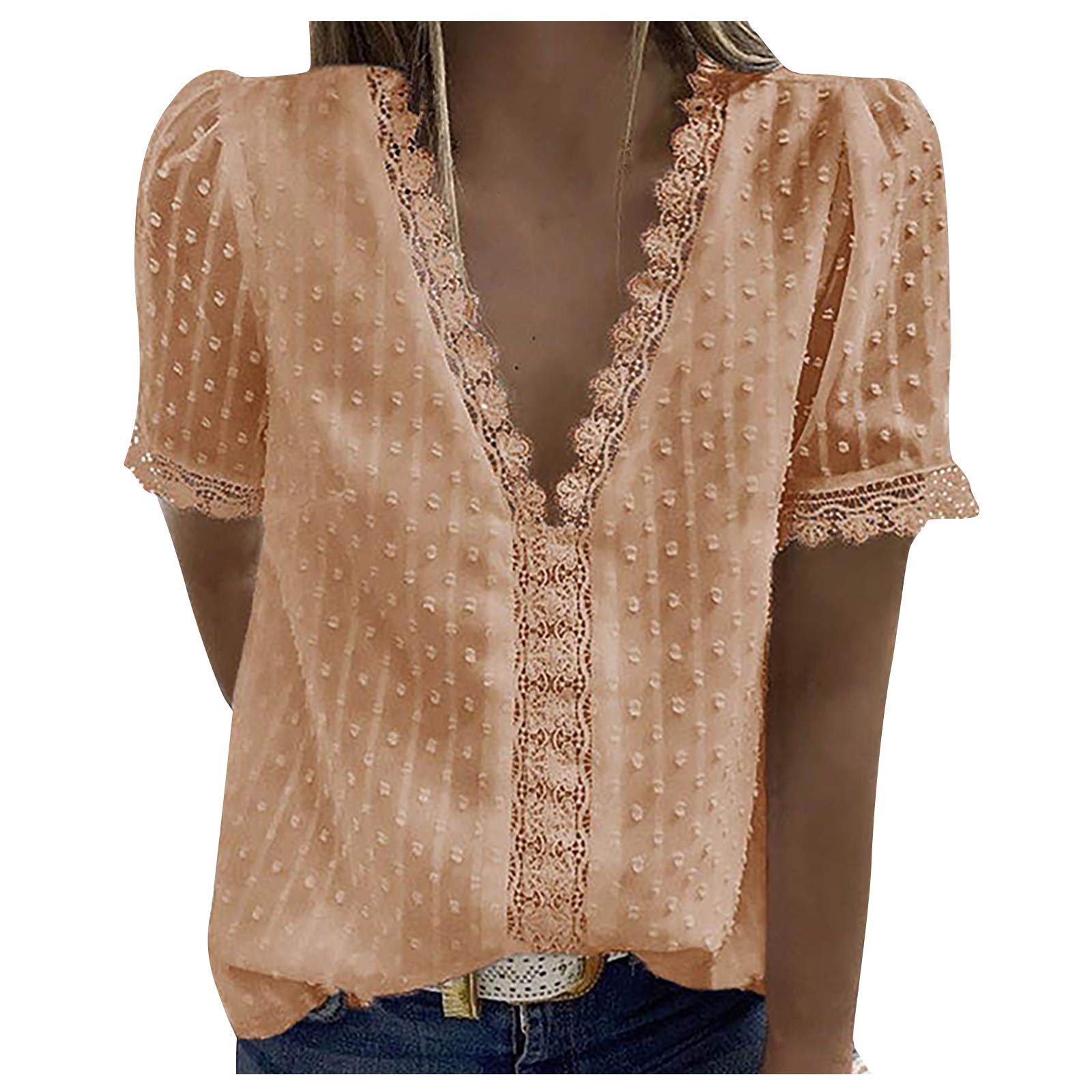 Women's V-Neck Lace Sleeve Casual T-Shirt - Solid Color Fashion Top for Everyday Wear, Dating & Office Outfits
