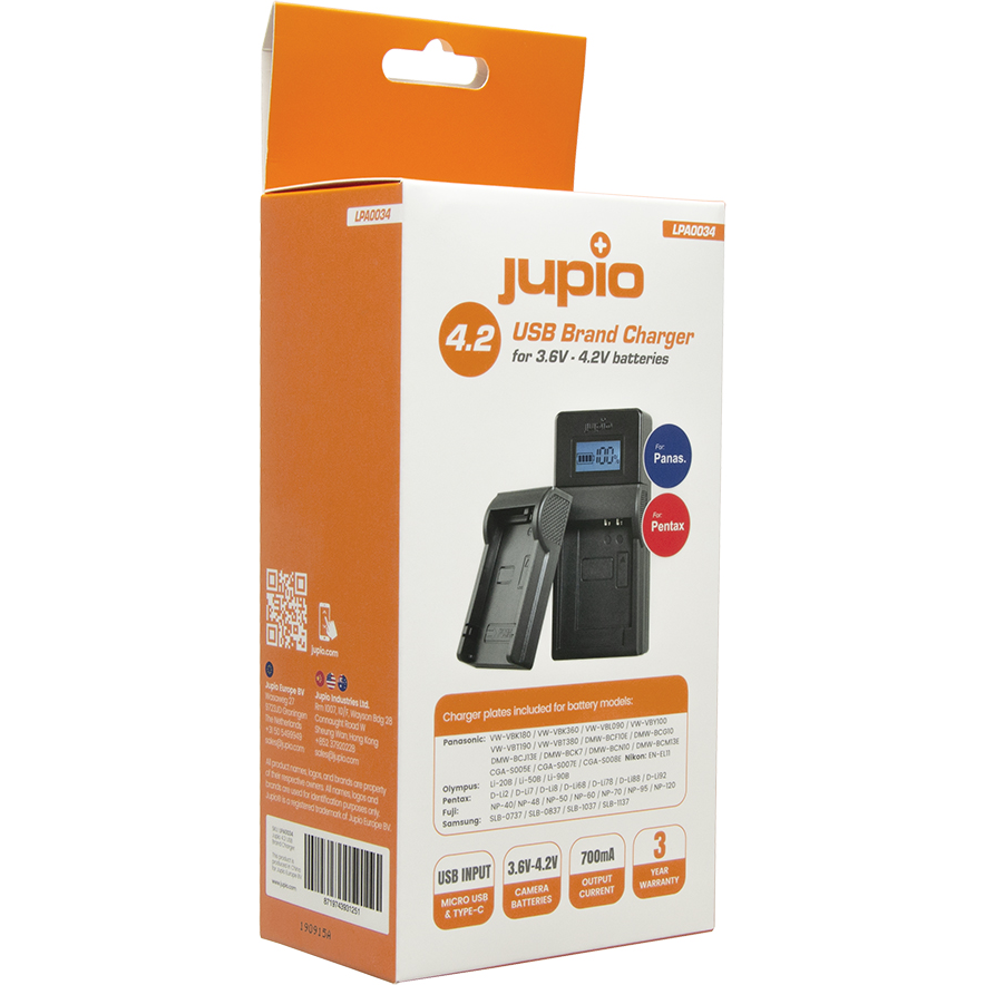 Jupio Panasonic 3.7V 4.2V USB Battery Charger - Fast Charging for Digital Cameras, Drones, and Portable Electronics