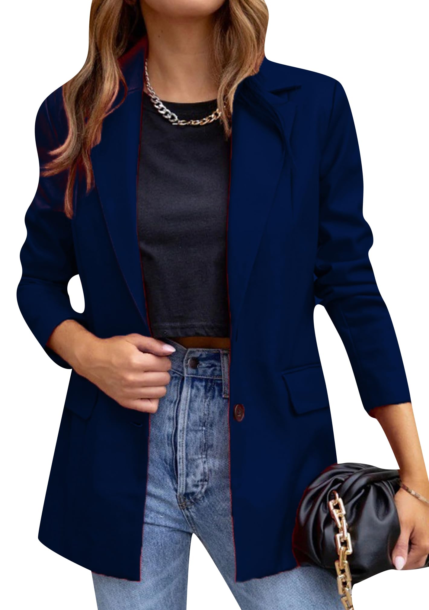BOFETA Women's Faux Leather Blazer Jacket - Long Sleeve Solid Color Lapel Coat with Pockets for Office Work, Business Meetings & Night Out