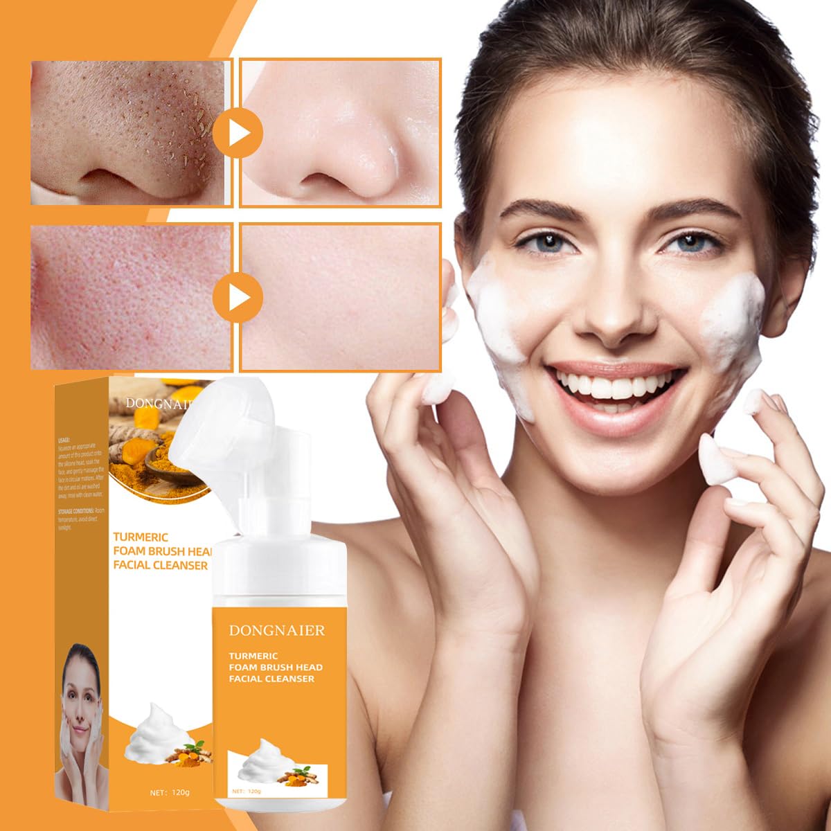 Glow Wash Turmeric Face Cleanser with Brush - Deep Cleansing Exfoliating Scrub, Turmeric Foaming Facial Wash for Skin Brightening & Pore Minimizing, Removes Excess Keratin & Firms Skin (100ml) - Perfect for Daily Skincare Routine & Acne-Prone Skin