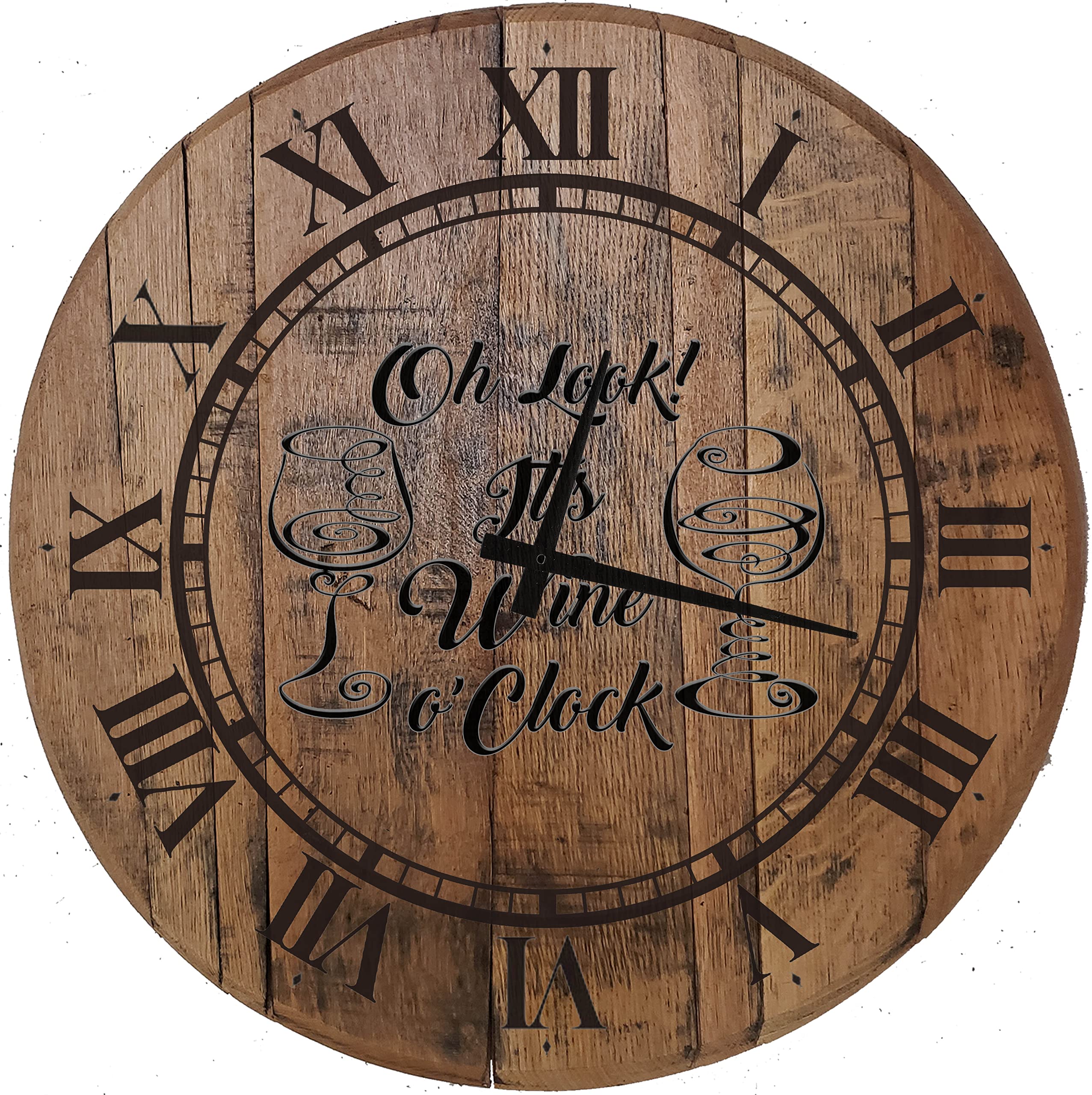 EVH Prints Wood Wall Clock - 22 Inch Wine o'Clock Art Deco Whiskey Barrel Head Wall Art for Home, Bar & Office Decor | Rustic Vintage Style Clock with Roman Numerals