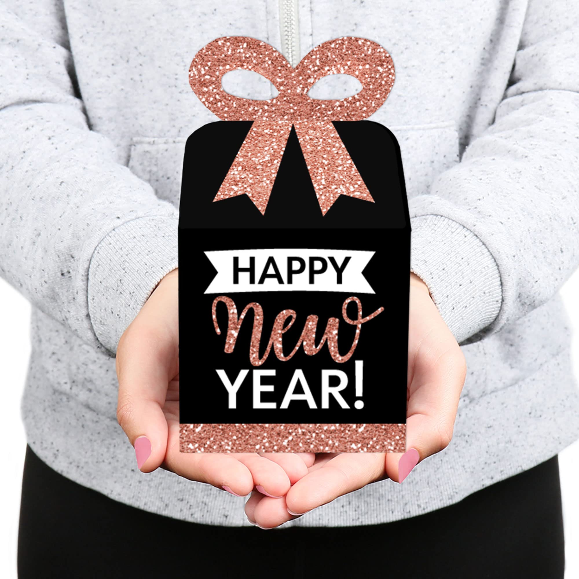 Rose Gold Happy New Year Favor Gift Boxes - Set of 12 Elegant Square Party Bow Boxes for New Year's Eve Celebrations, Wedding Favors & Special Occasions