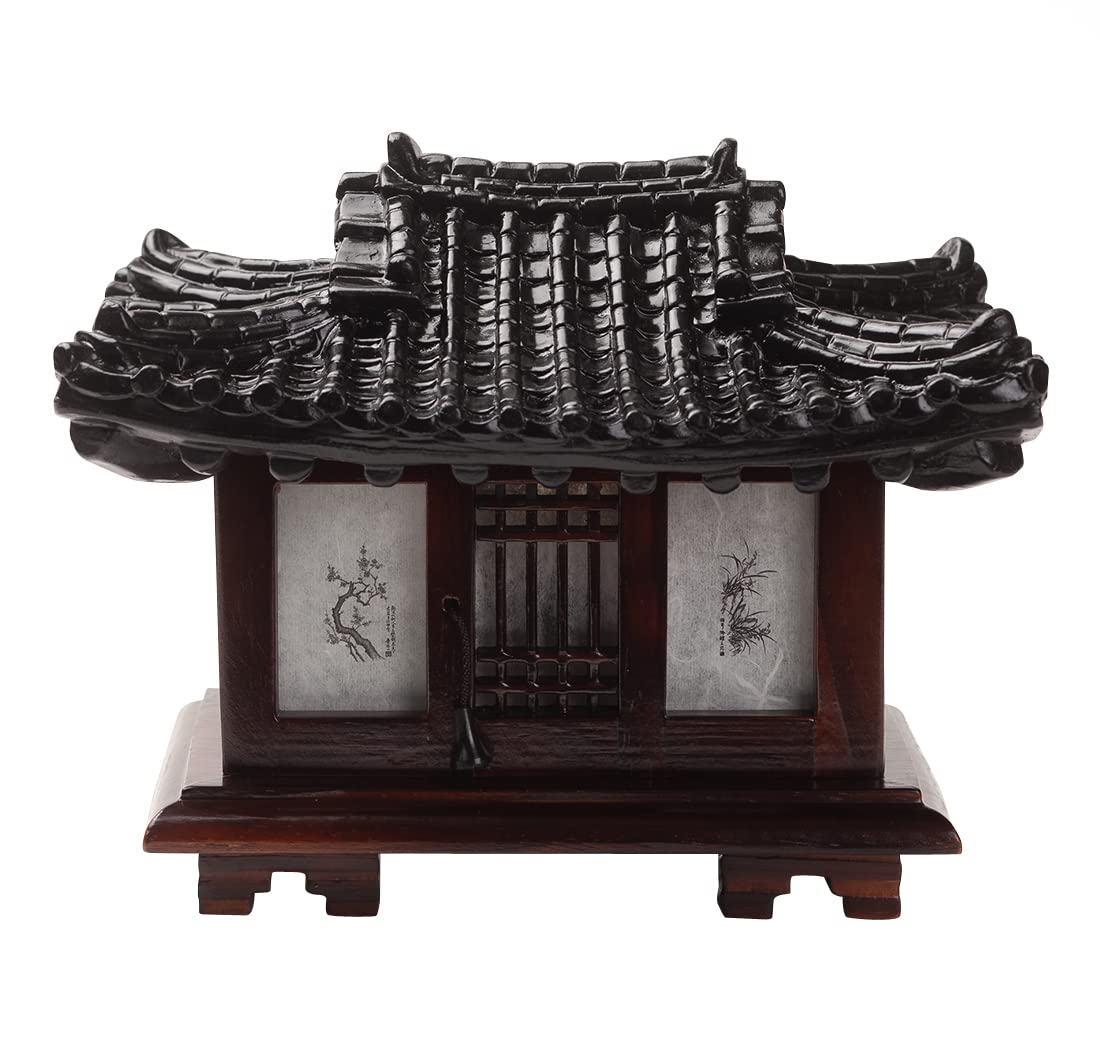 Handmade Antique Korean Hanok Pagoda Table Lamp - Traditional Wood Carved Art Deco Lantern for Bedroom, Living Room & Office Decor - Asian Inspired Brown Oriental Lighting with Pavilion Design