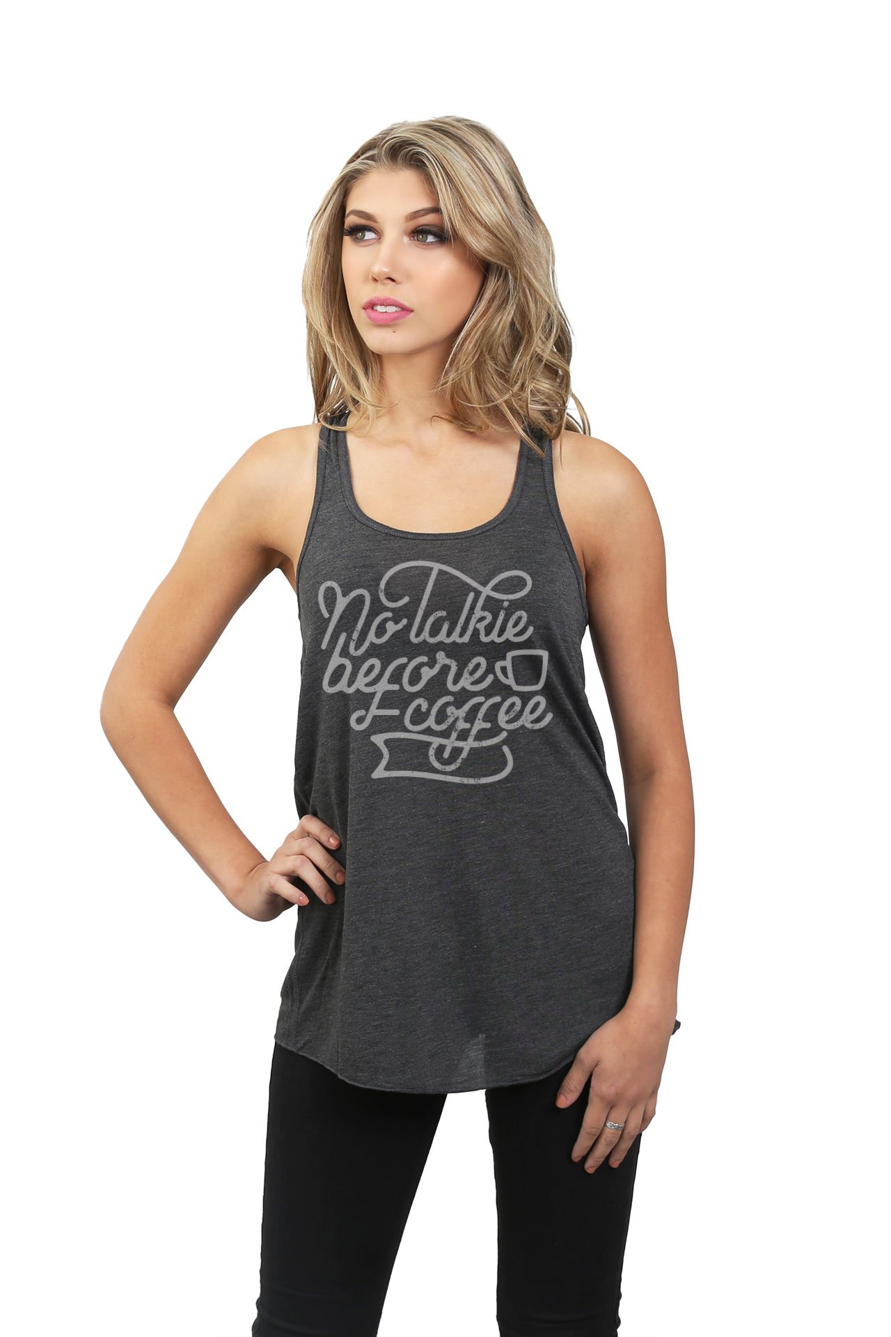 No Talkie Before Coffee Women's Sleeveless Flowy Racerback Tank Top - Breathable Summer Workout Top for Yoga, Running & Casual Wear