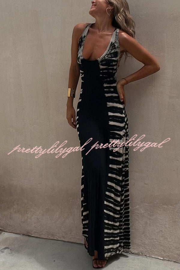 Tie Dye Print Back Lace Up Stretch Maxi Dress for Women - Boho Summer Beach Dress, Festival Outfit & Vacation Wear