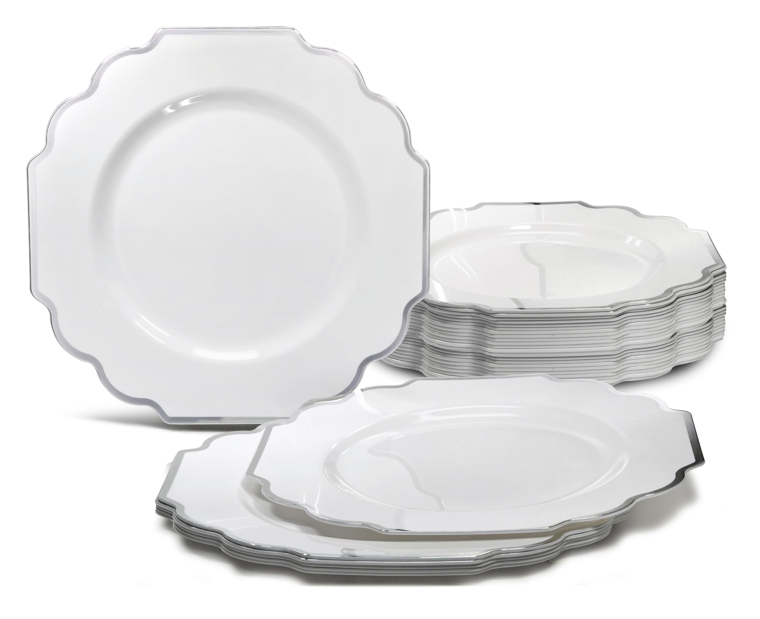 40-Pack Heavyweight Disposable Plastic Plates for Weddings & Parties - 10.5 Inch Elegant White & Silver Dinner Plates - Perfect for Formal Events, Bridal Showers & Catering Services