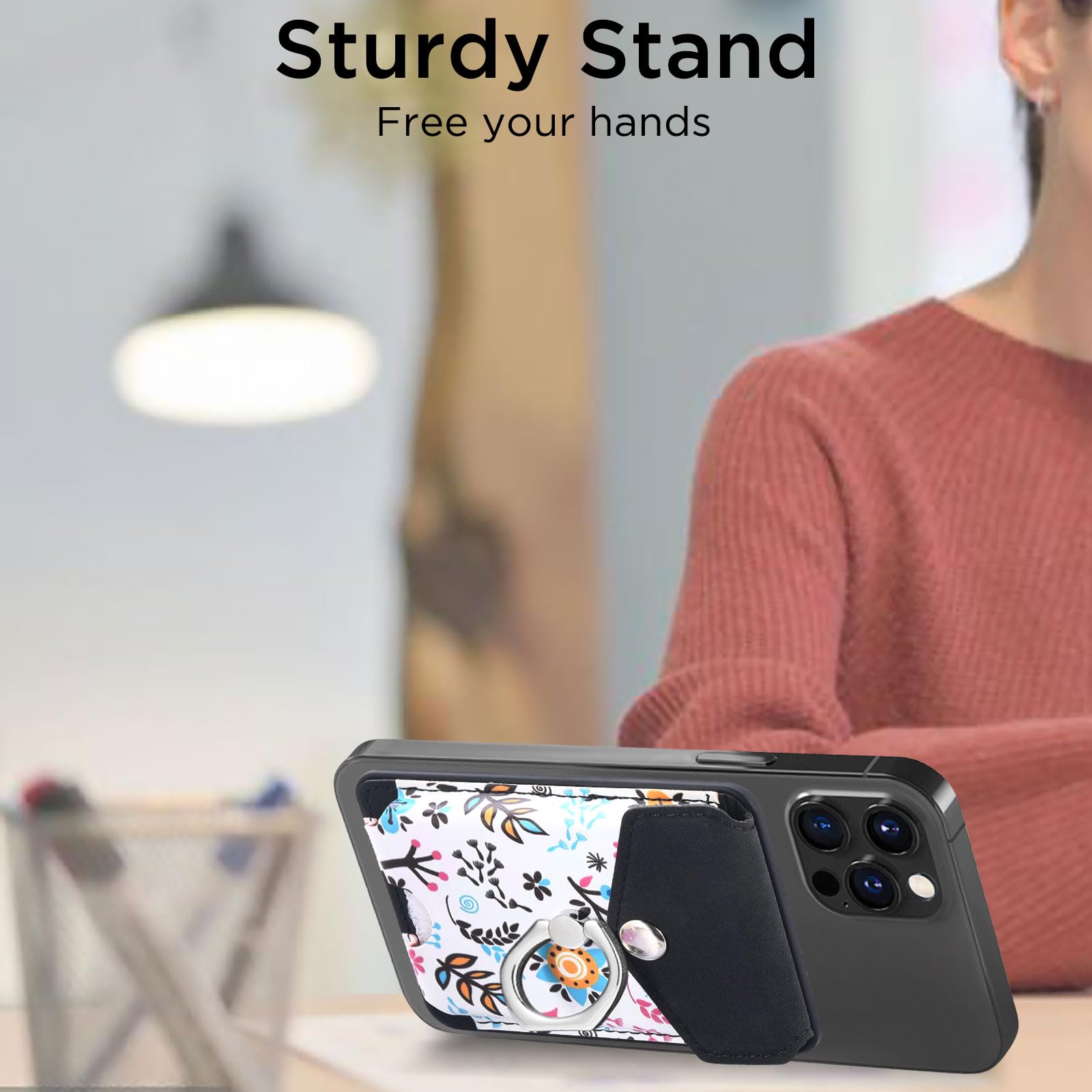 Magnetic Leather Wallet for iPhone 15/14/13/12 Series - Slim RFID Blocking MagSafe Wallet with Ring Holder | 3 Card Holder | Perfect for Daily Use, Travel & Hands-Free Convenience (Black)