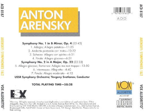 Anton Arensky Symphonies No.1 & No.2 CD Album - USSR Symphony Orchestra Conducted by Yevgeny Svetlanov - New or Mint Condition - Perfect for Classical Music Collectors & Symphony Enthusiasts