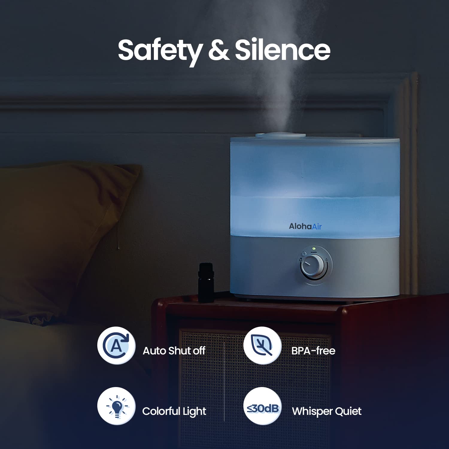 AlohaAir 4L Cool Mist Humidifier with Essential Oil Diffuser - Top Fill, Quiet Operation, 7 Color LED Lights, 360° Nozzle & Auto Shut-Off - Perfect for Bedroom, Baby Nursery, Office & Plants (White)