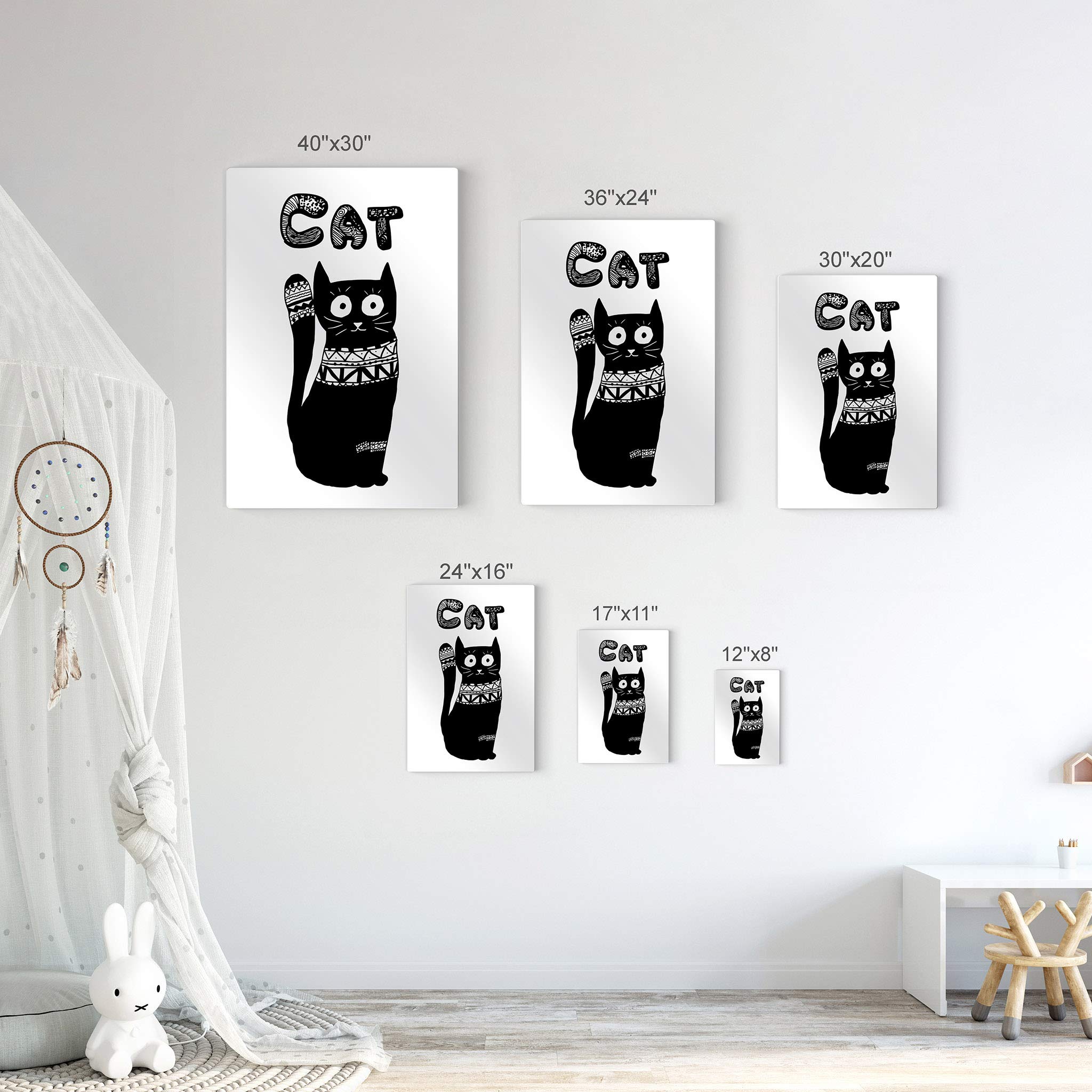 Scandinavian Cat Wall Art - White Background Metal Print for Kids Room, Nursery & Baby Room Decor | 40x30 Inches | Made in USA | Perfect for Playrooms, Bedrooms & Modern Home Interiors