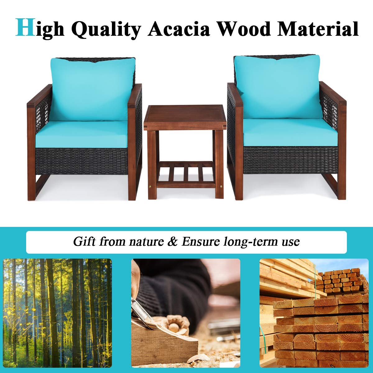 Tangkula 3-Piece Patio Furniture Set - All-Weather Wicker Sofa with Washable Cushions & Acacia Wood Coffee Table - Outdoor Conversation Set for Garden, Balcony, Backyard, Poolside (Turquoise) - Perfect for Relaxing, Entertaining & Enjoying Outdoor Living
