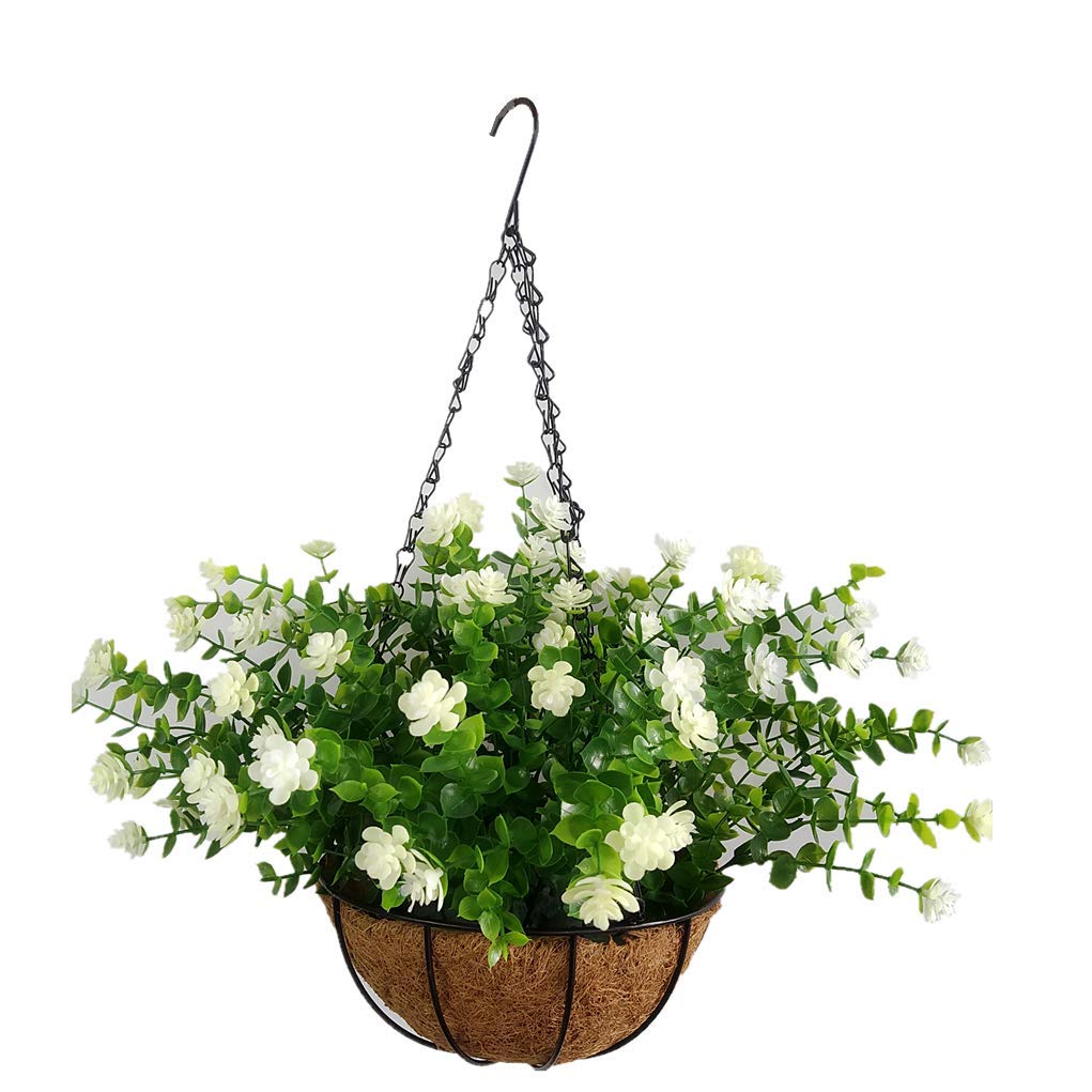 Realistic Artificial Lysimachia Christinae Faux Flowers in Metal Hanging Basket - 9.85 Inch White Blooms for Home Decor, Wedding Centerpieces & Outdoor Patio Decorations