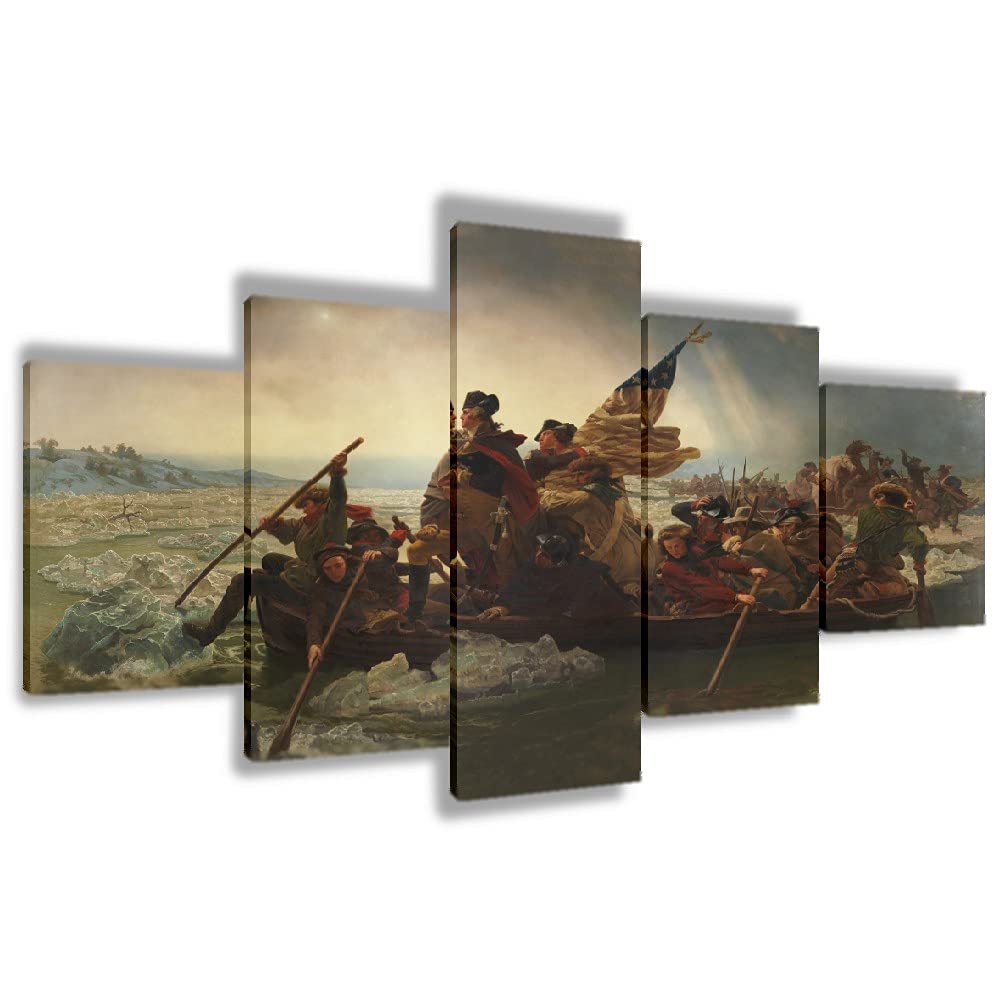 Emanuel Leutz Washington Crossing The Delaware Romanticism Giclee Canvas Art - 5 Panel Framed Wall Decor (40x22 Inch) for Living Room, Bedroom & Office - Historical Painting for Home & Workspace Decor