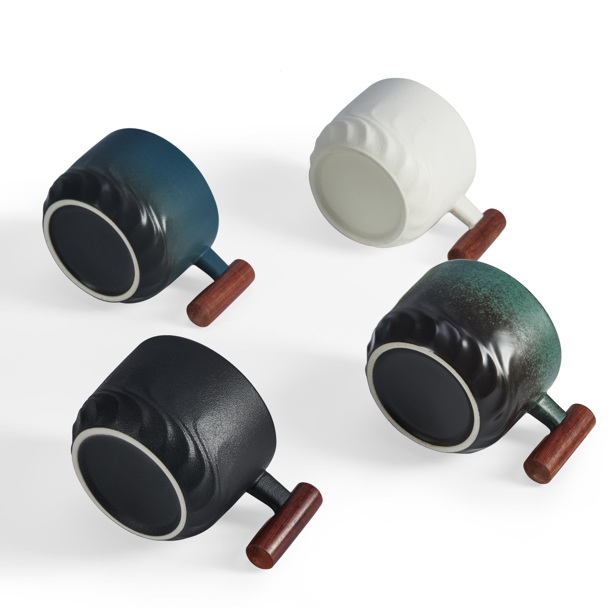 6 Oz Ceramic Espresso Cups with Wooden Handle - Set of 4 Small Coffee Mugs for Latte, Cappuccino, Tea & Hot Beverages - Perfect for Home, Office & Cafe Use