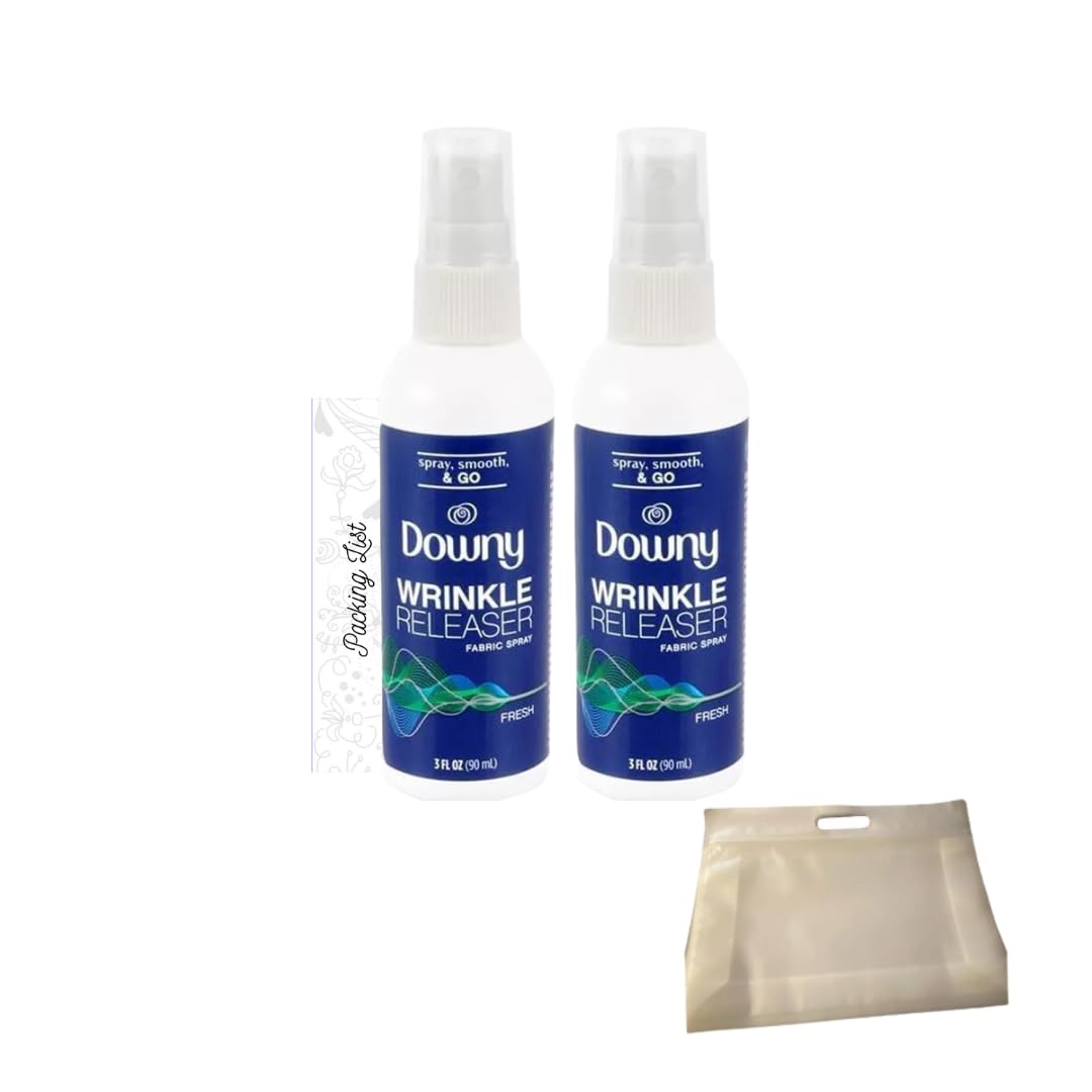 AMCIENT Wrinkle Releaser Spray Travel Size - 2 Pack (3 oz Each) with Free Travel Packing List & Clear Toiletry Bag | Perfect for Business Trips, Vacations & Hotel Stays