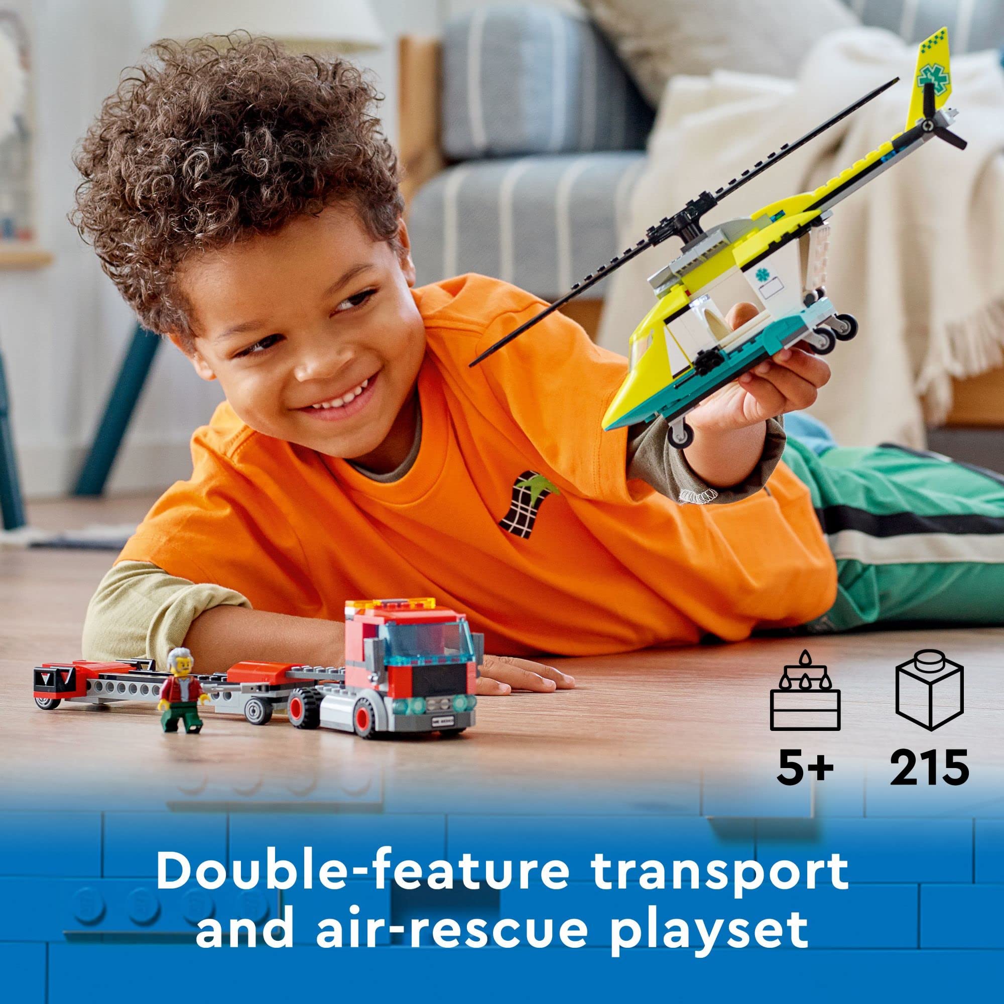 LEGO City Great Vehicles Rescue Helicopter Transport Building Kit 60343 | Toy Truck & Helicopter Playset with Minifigures | STEM Learning Toy for Kids Ages 5+ | Birthday Gift for Boys & Girls | Emergency Rescue Role Play & Creative Building Fun