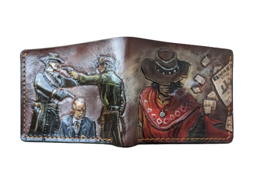 Handmade 3D Genuine Leather Wallet for Men - Custom Engraved & Hand-Painted Western Design - Personalized Cowboy Style Bifold Wallet - Perfect for Western Lovers, Gift for Father's Day, Cowboy Enthusiasts & Wild West Fans