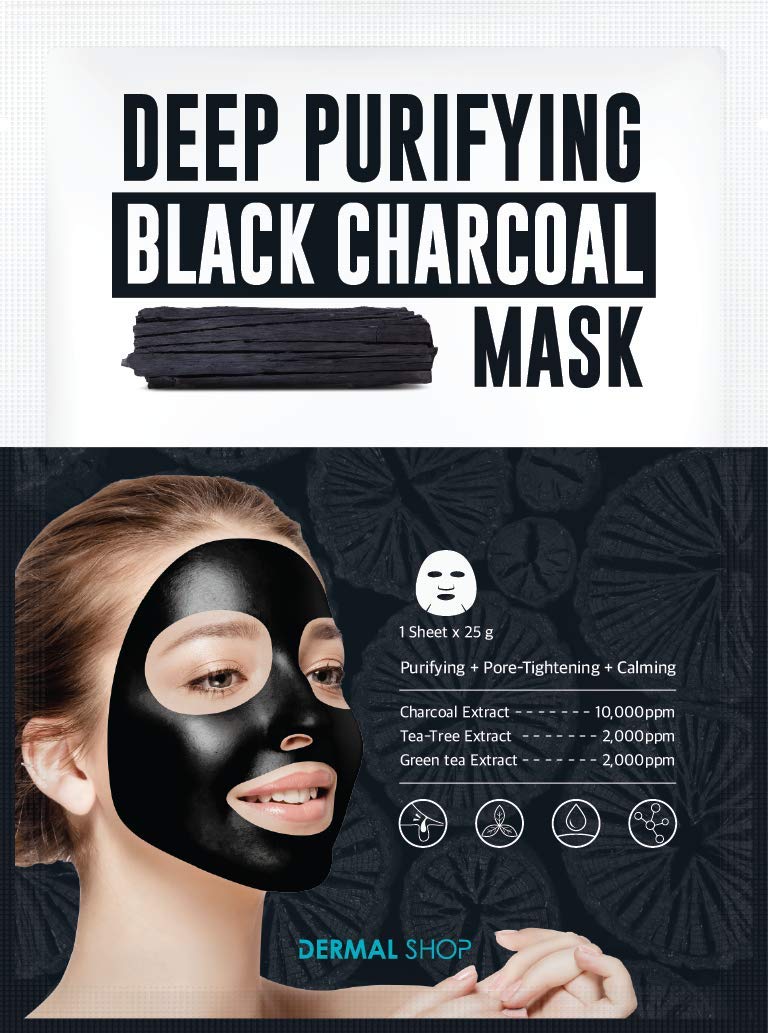 Deep Purifying Black Charcoal Mask 25g (Pack of 5) - Pore Care Facial Sheet Mask for Oily & Acne-Prone Skin - Detoxifying & Cleansing Treatment for Blackheads & Blemishes - Perfect for Spa Nights & Self-Care Routines