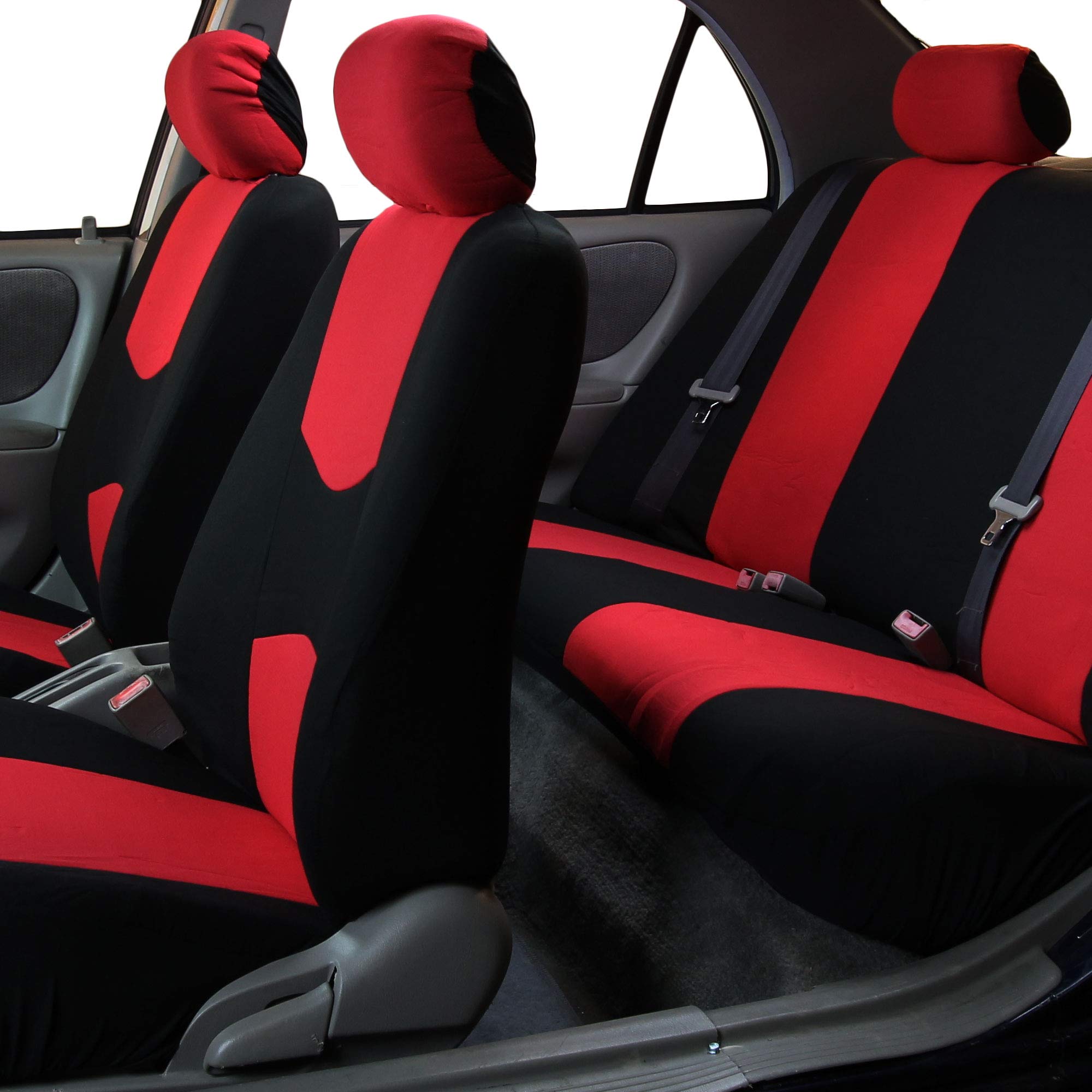 FH Group Universal Fit Car Seat Covers Full Set - Breathable Cloth Seat Protectors for Cars, SUVs & Vans | Low Back Front & Solid Back Design | Machine Washable Red Auto Accessories | Perfect for Daily Commute, Road Trips & Family Protection