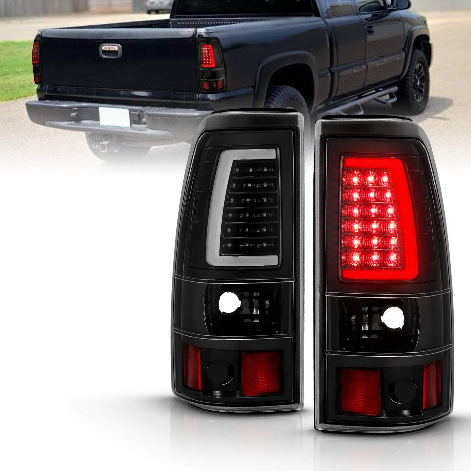 AmeriLite LED Tail Lights for 2003-2006 Chevy Silverado 1500/2500/3500 - Clear Black C-Type Replacement Brake Lamps (Pair) - Left & Right Side - Upgrade Your Truck's Style & Safety for Night Driving