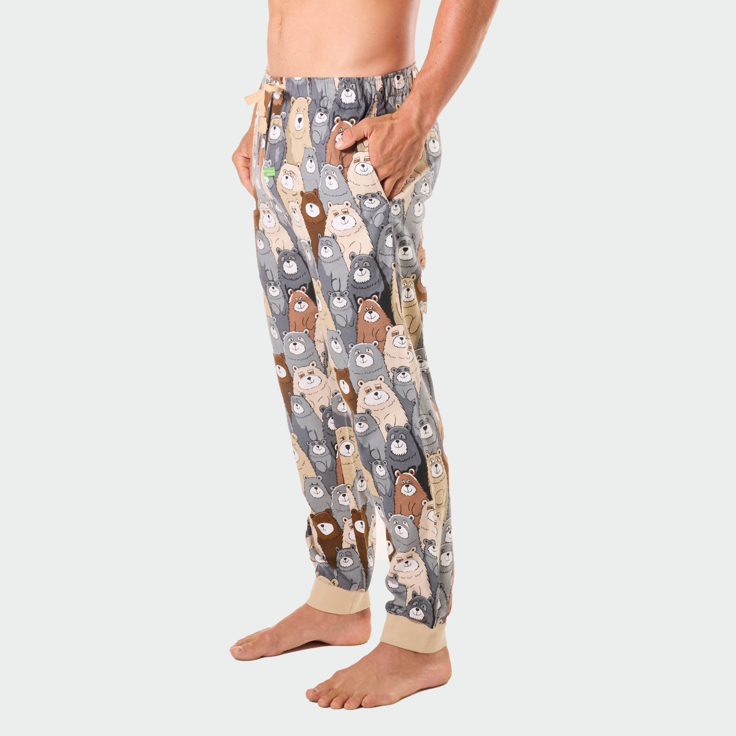 Men's Funny Bear Print Bamboo Flannel Slim-Fit Sleep Pants - Beige | Soft & Breathable Lounge Pajamas for Relaxing at Home