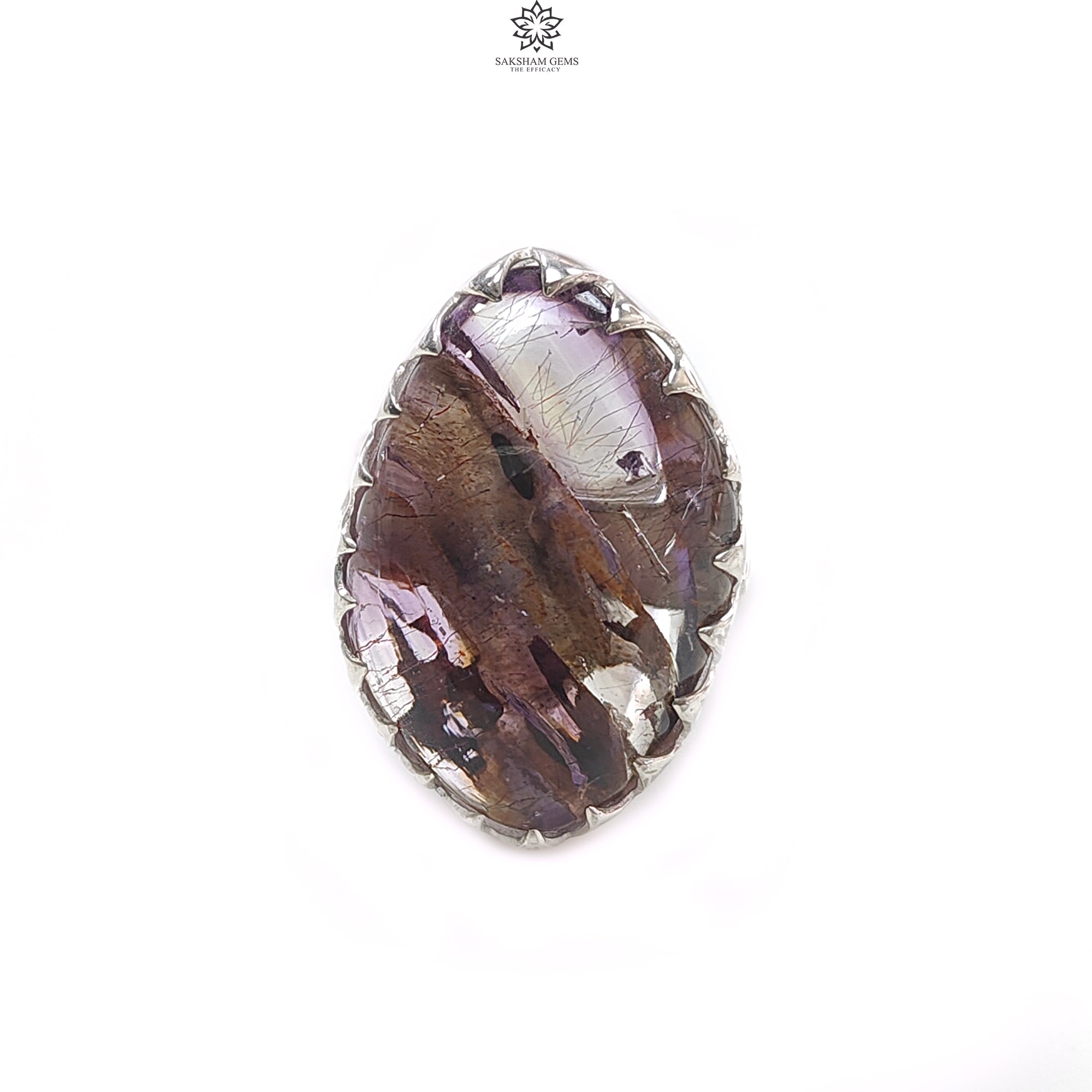 Natural Super Seven Amethyst 925 Sterling Silver Adjustable Ring - 10.46g Untreated Fancy Shape Bezel Set Jewelry for Women, Gift for Her, Spiritual Healing & Everyday Wear