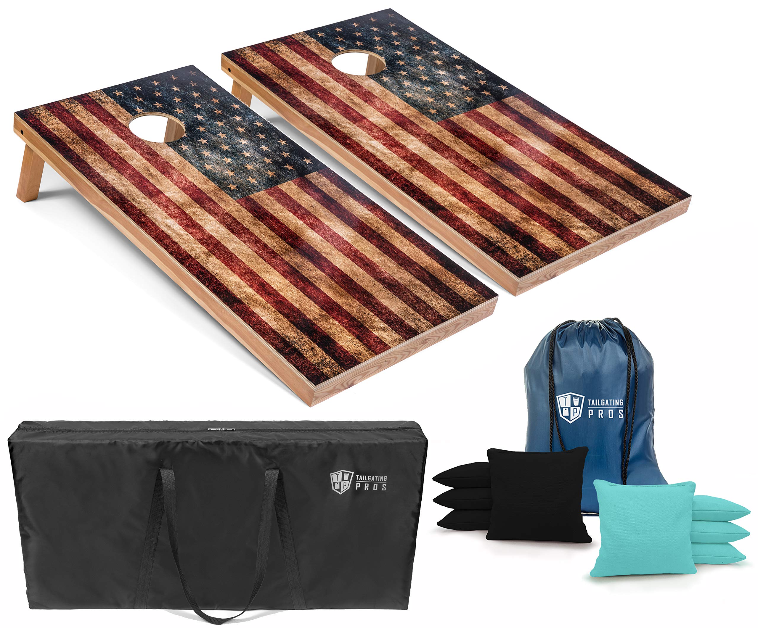 Rustic American Flag Cornhole Boards Set with LED Ring & Carrying Case - 4'x2' Distressed Wooden Cornhole Game with 8 Bean Bags - Perfect for Tailgating, Backyard Parties, and Outdoor Family Gatherings