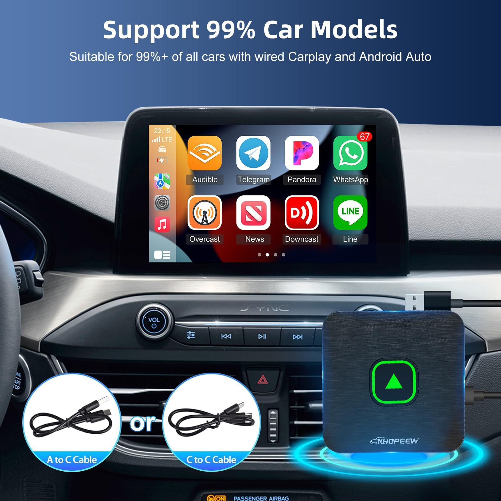 NHOPEEW Wireless CarPlay Adapter - Plug & Play CarPlay Dongle for All Factory Wired CarPlay Cars (iOS 12+ Compatible) - Seamless Wireless Control for iPhone - Perfect for Commuting, Road Trips & Hands-Free Driving