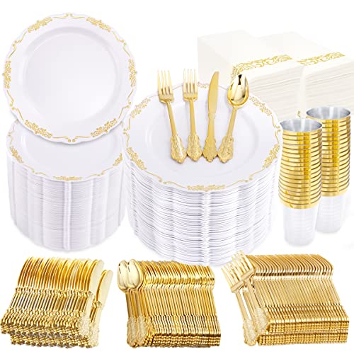 800pcs White and Gold Plastic Dinnerware Set