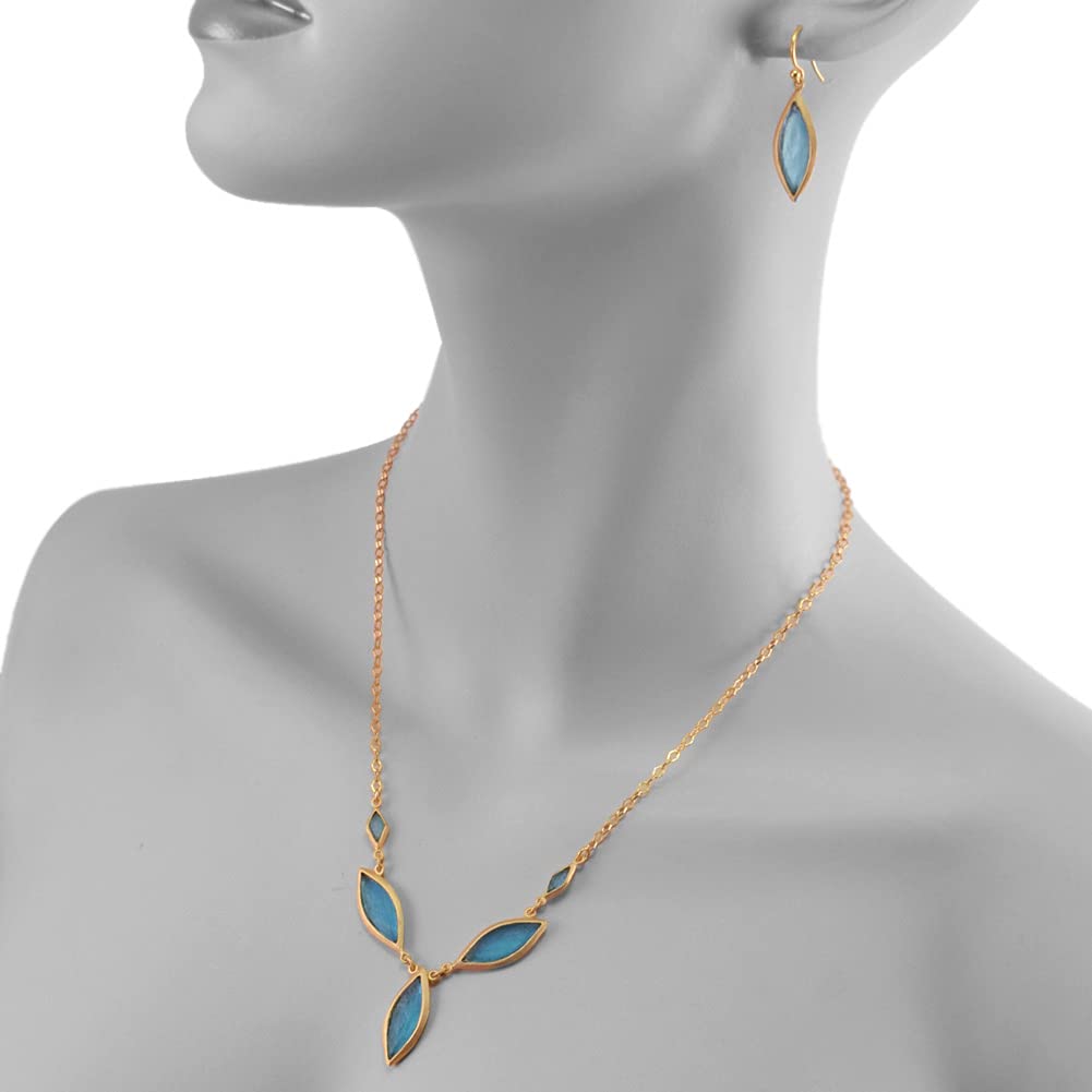 American Made Cast Artisan Glass & Gold-Plated Blue Marquise Necklace + Earrings Set | Perfect for Weddings, Parties & Special Occasions