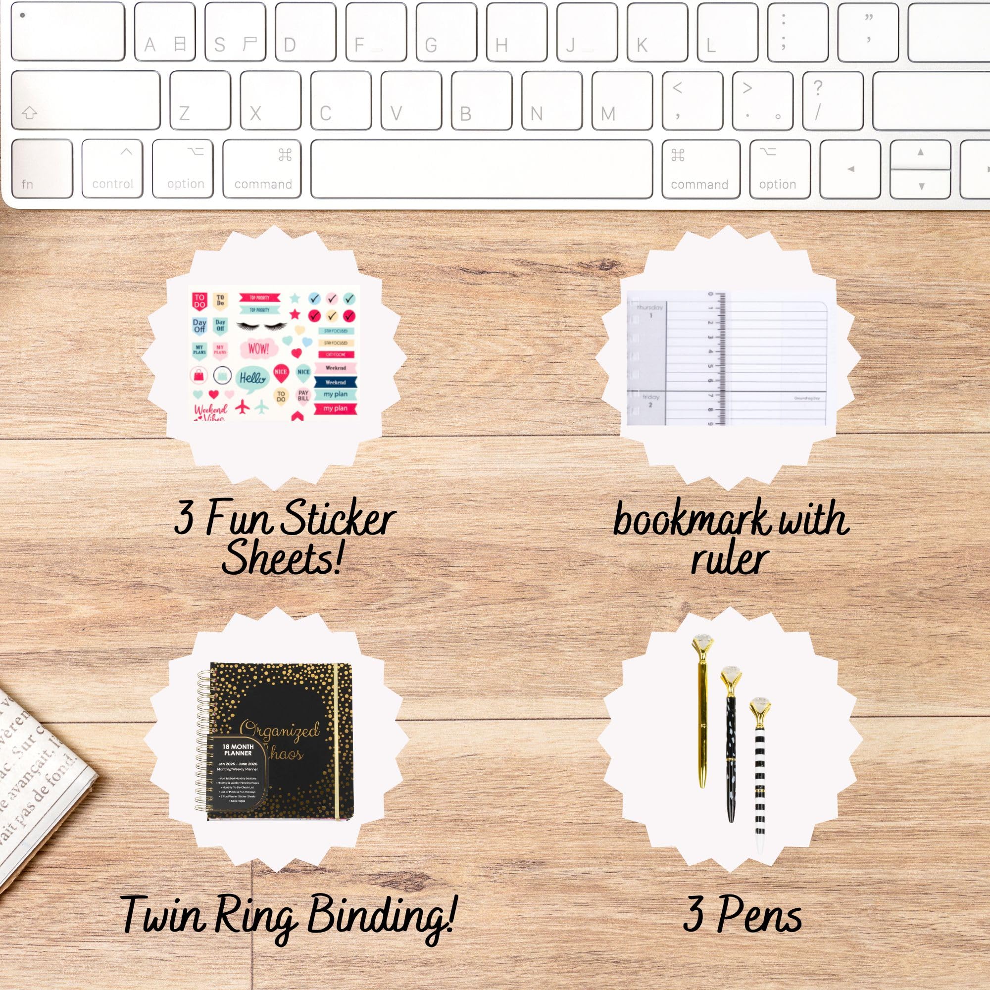 VOTUM 2025-2026 Monthly Large Planner - Daily Weekly Monthly Organizer with 3 Pens & Stickers - Organized Chaos Black - January 2025 to June 2026 - Stylish Durable Planner for Work, School & Personal Organization