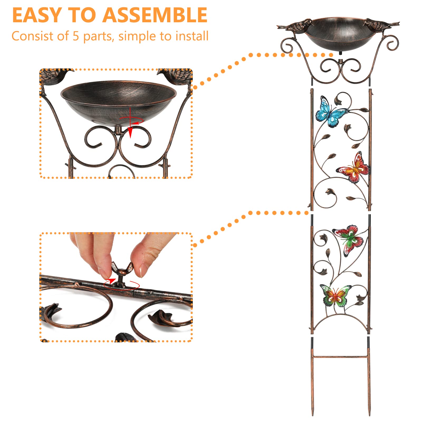 Antique Iron Garden Trellis with Detachable Bird Bath - Decorative Butterfly Design for Climbing Plants, Outdoor Metal Flower Support | Perfect for Patio, Backyard Decor & Vine Plant Growth