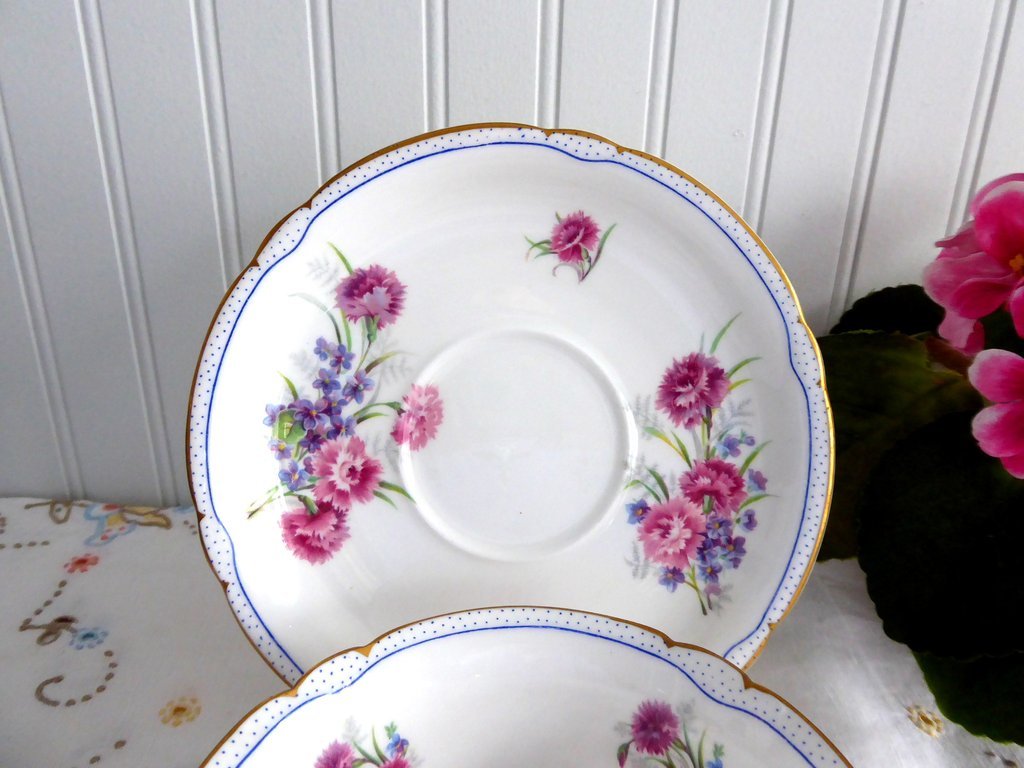 Vintage Shelley Carnation Cream Soup Cup and Saucer Set - Large Double Handle Tea Cup, Floral Design, 1938 Collectible - Perfect for Afternoon Tea, Antique Display, and Gift Giving