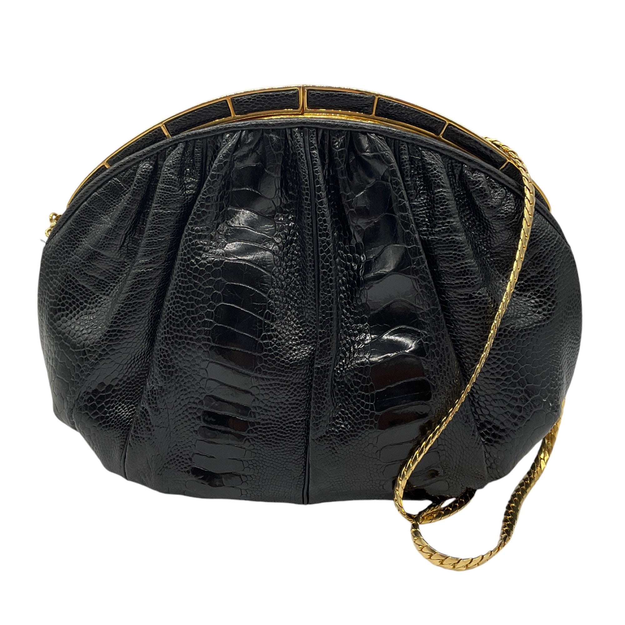 Judith Leiber Vintage Black & Gold Chain Strap Genuine Ostrich Leather Handbag - Luxury Evening Clutch for Parties & Special Occasions