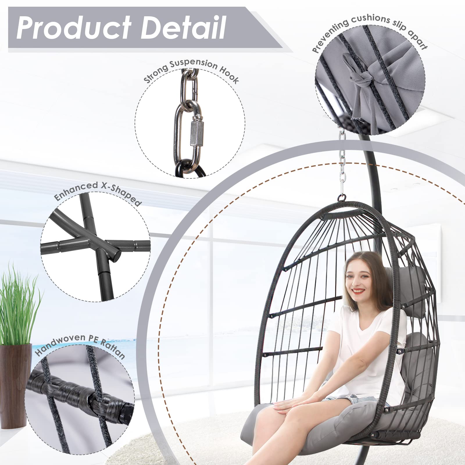 NICESOUL Outdoor Indoor Swing Egg Chair with Stand - Wicker Hanging Hammock with Padded Cushions, 350lbs Capacity Egg-Shaped Seat for Patio, Porch, Bedroom, Balcony - Perfect for Relaxation, Reading & Christmas Gifts (Grey)